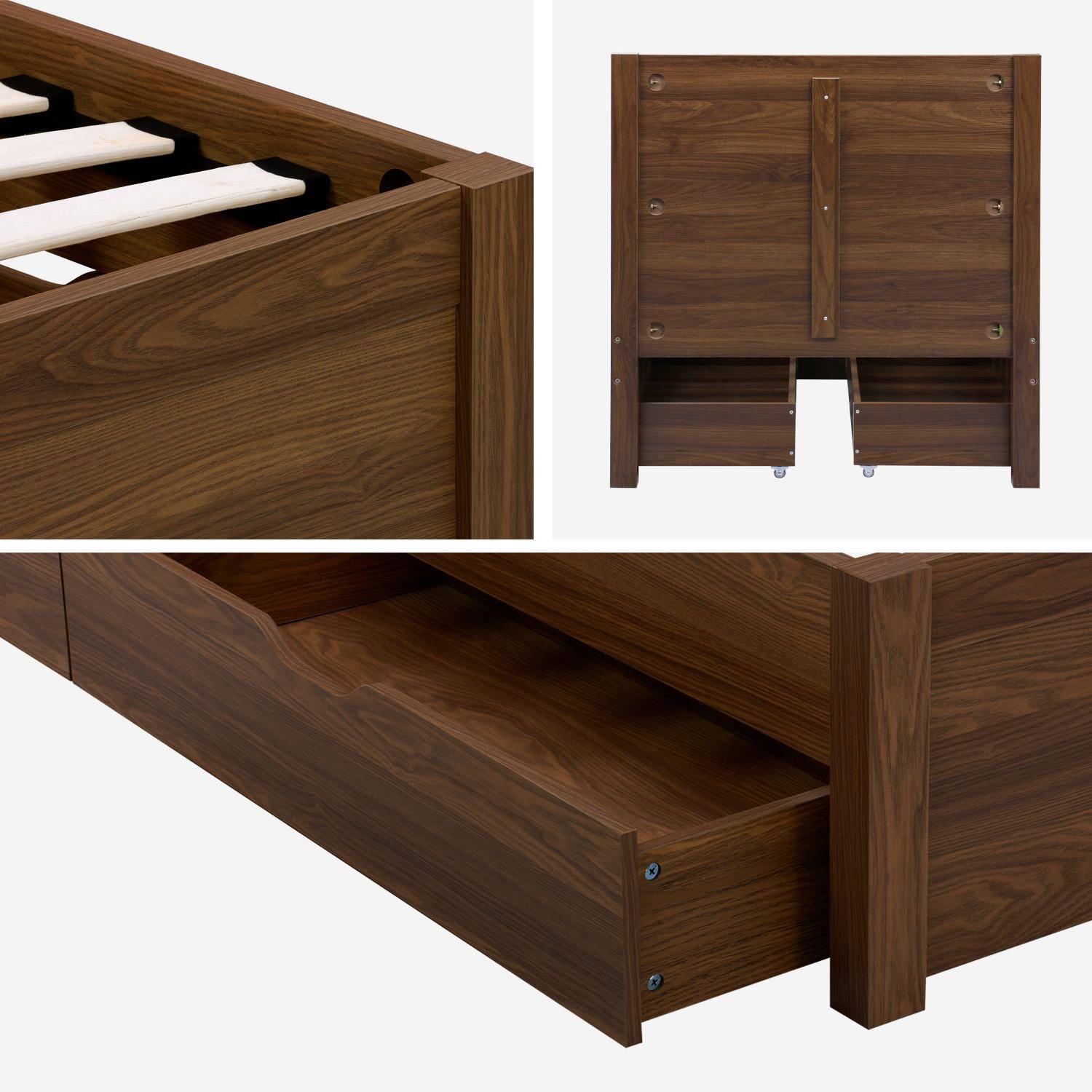 Cama con somier de láminas y cabecero, 90cm + 4 cajones decorativos de madera, Nepal, Nogal, 201x96.2x100 cm,sweeek,Photo6