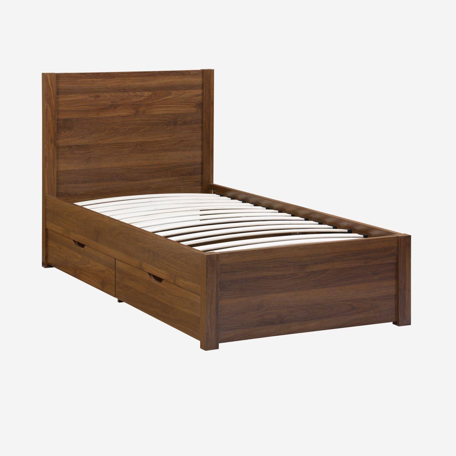 Cama con somier de láminas y cabecero, 90cm + 4 cajones decorativos de madera, Nepal, Nogal, 201x96.2x100 cm,sweeek,Photo3