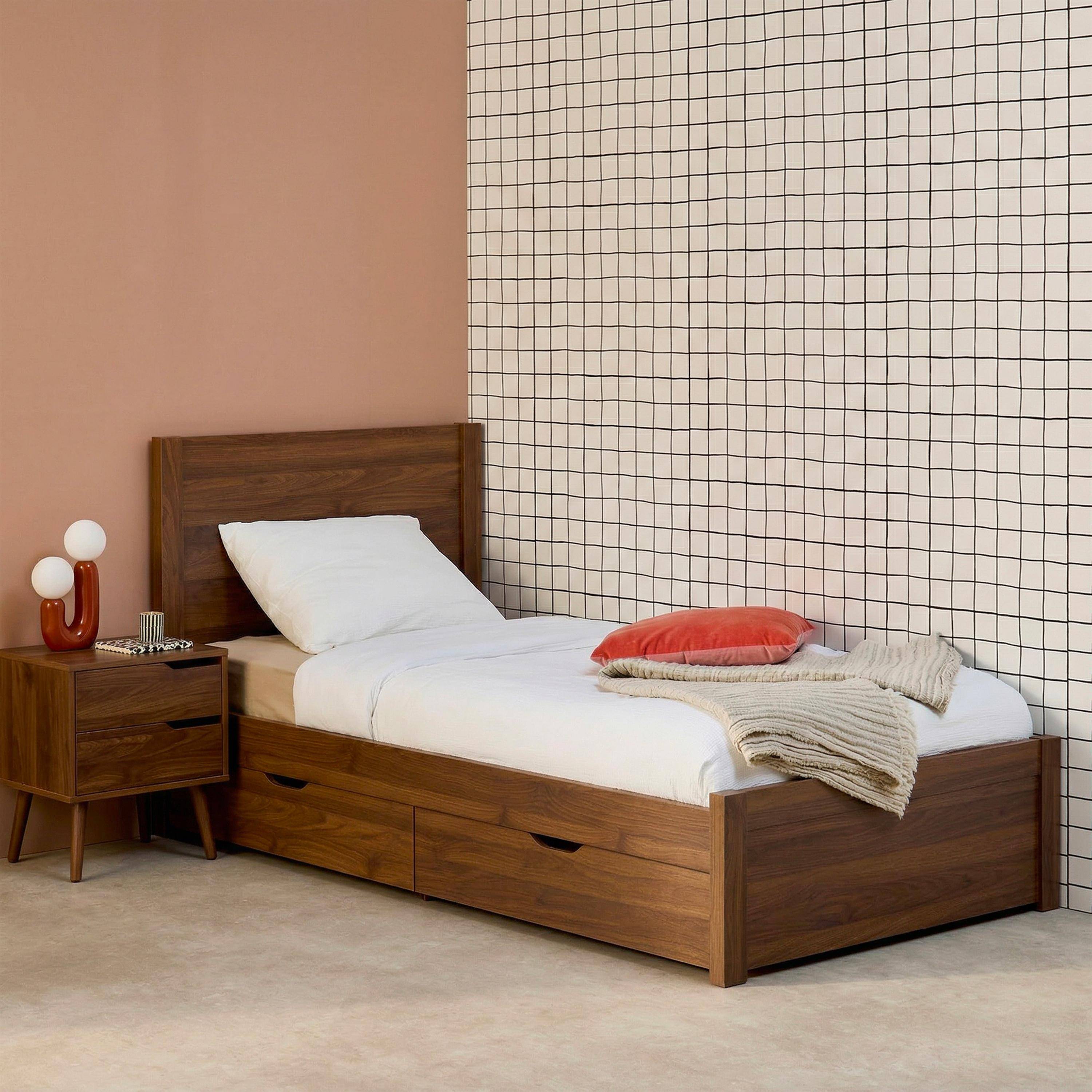 Letto con rete a doghe e testiera 90x190cm + 4 cassetti Noce - 201x96.2x100 cm,sweeek,Photo1