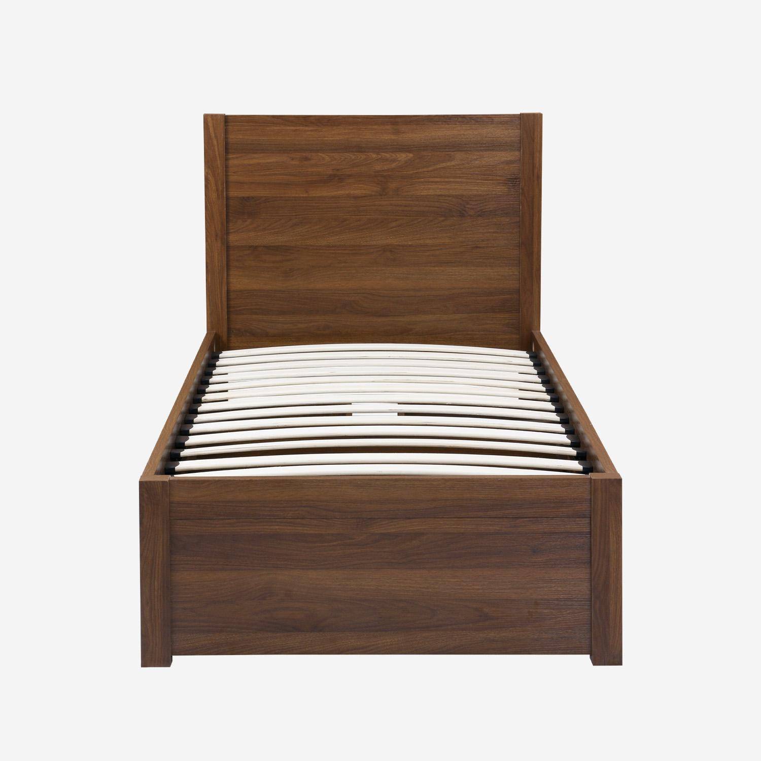 Lit avec sommier à lattes et tête de lit 90 x 190cm + 4 tiroirs décor bois noyer - Nepal Photo3