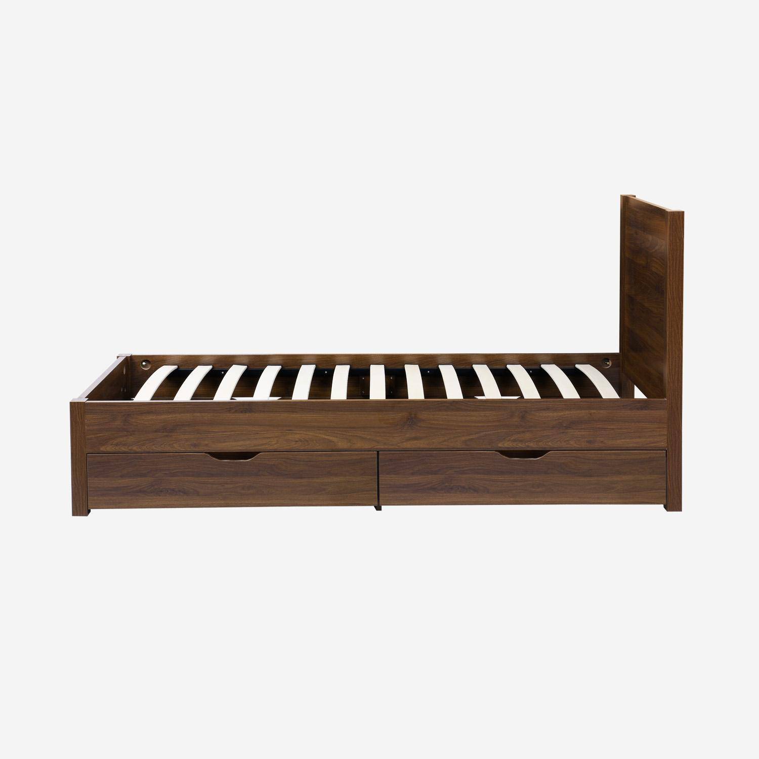 Cama con somier de láminas y cabecero, 90cm + 4 cajones decorativos de madera, Nepal, Nogal, 201x96.2x100 cm,sweeek,Photo5