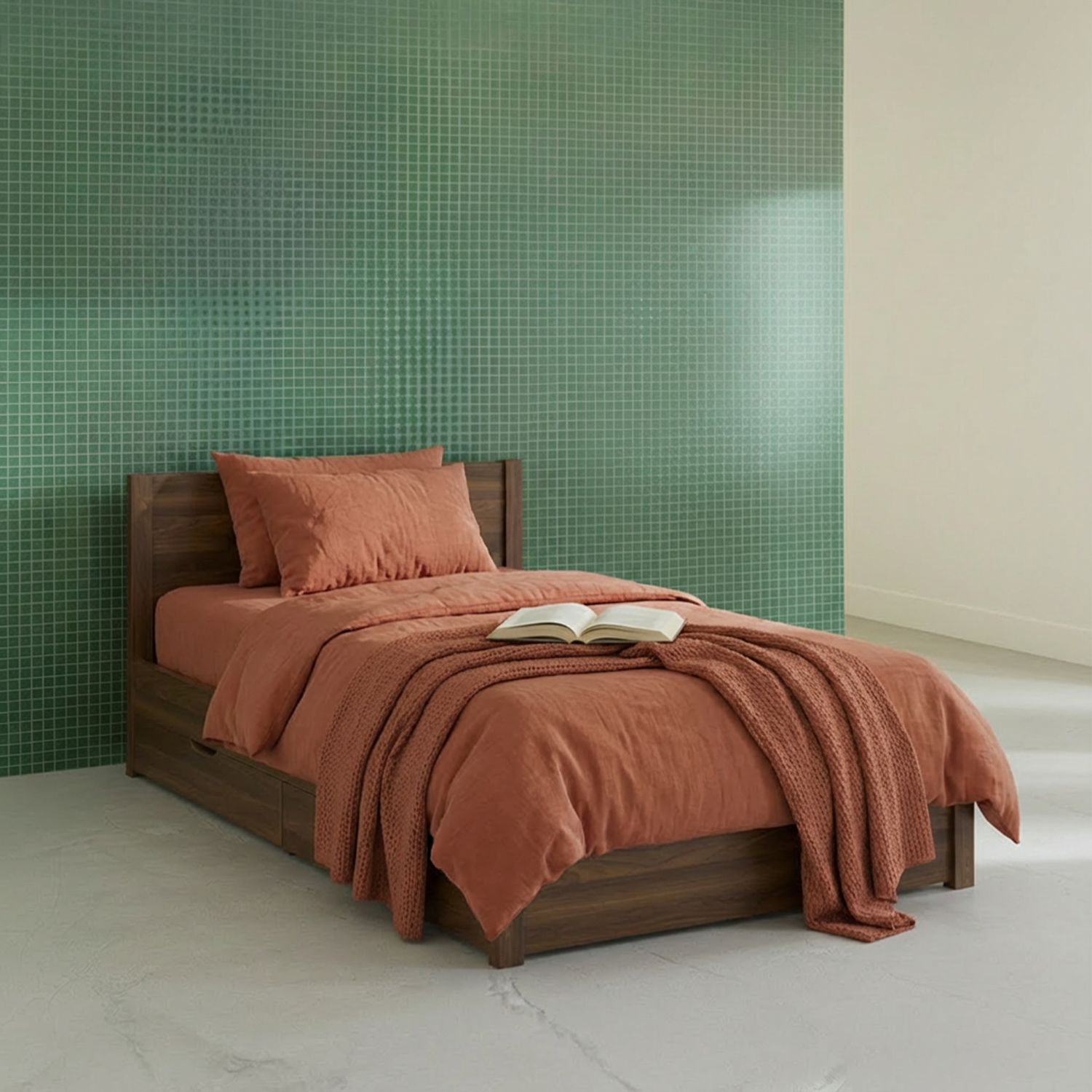 Cama con somier de láminas y cabecero, 90cm + 4 cajones decorativos de madera, Nepal, Nogal, 201x96.2x100 cm Photo1