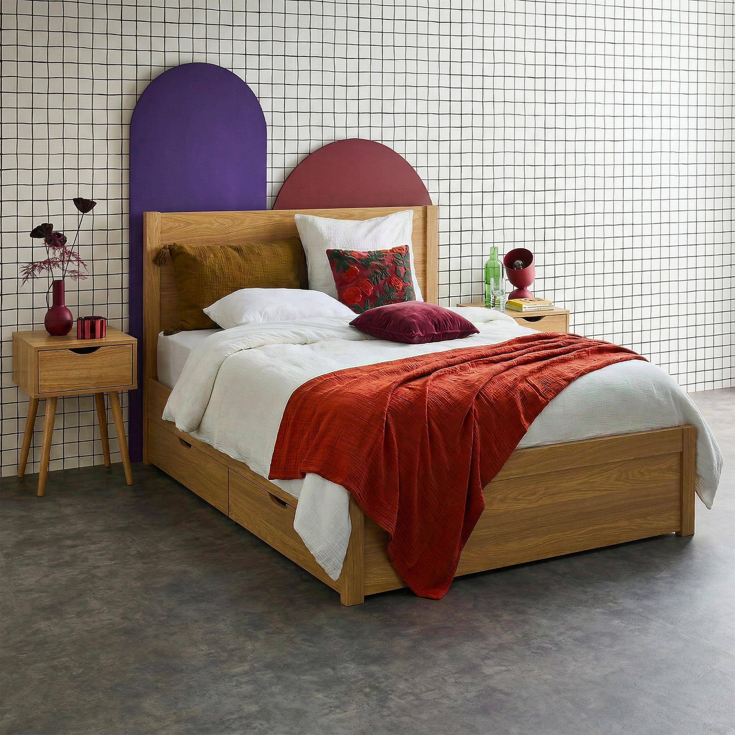 Bed met 4 laden lattenbodem en hoofdbord 140 x 190cm houtdecor naturel- Nepal Photo1