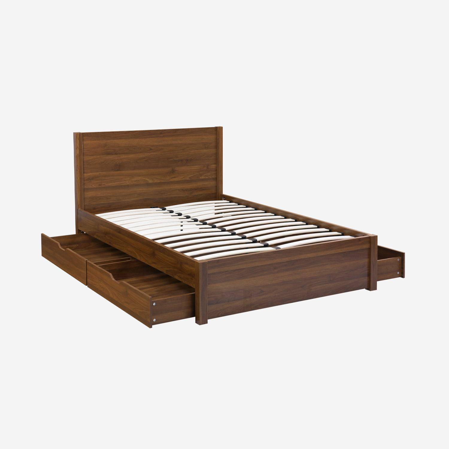 Bed met 4 laden lattenbodem en hoofdbord 140 x 190cm houtdecor walnoot - Nepal,sweeek,Photo4