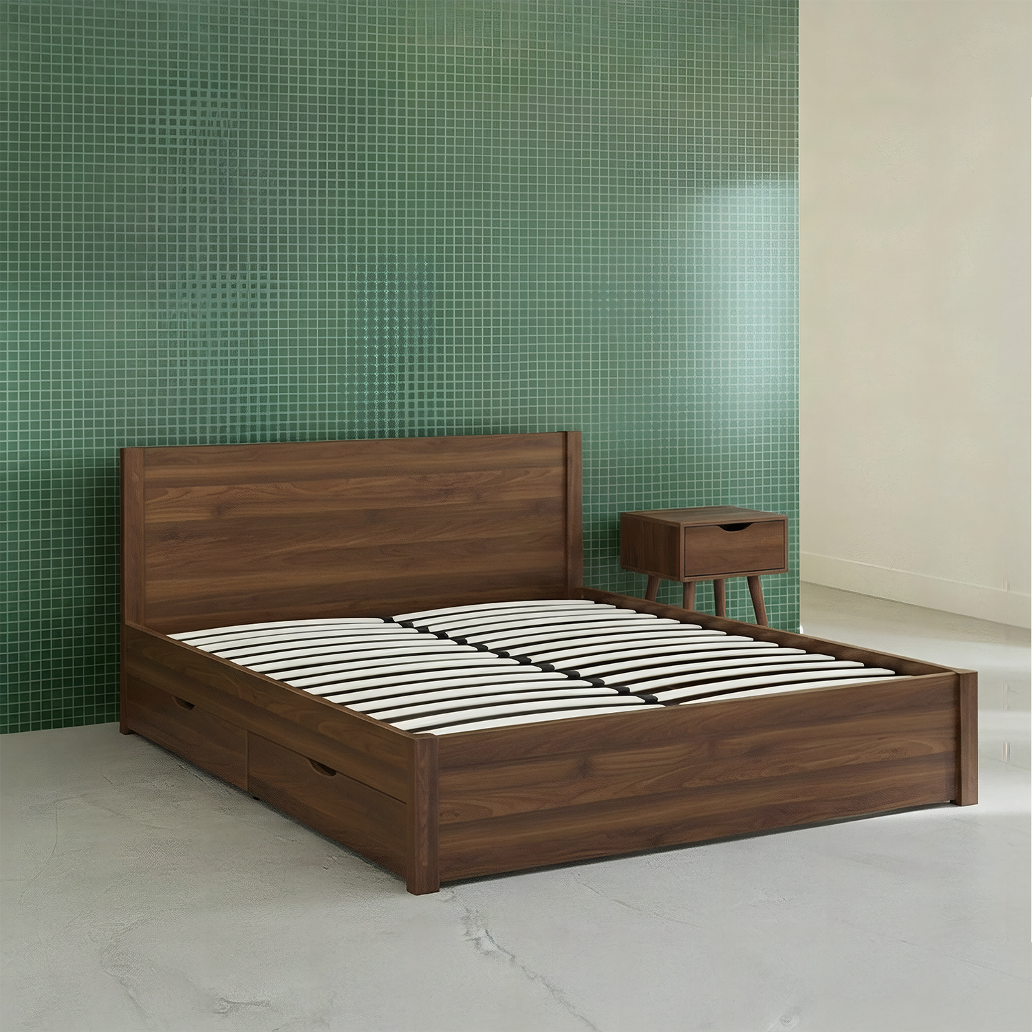 Bed met 4 laden lattenbodem en hoofdbord 140 x 190cm houtdecor walnoot - Nepal Photo2