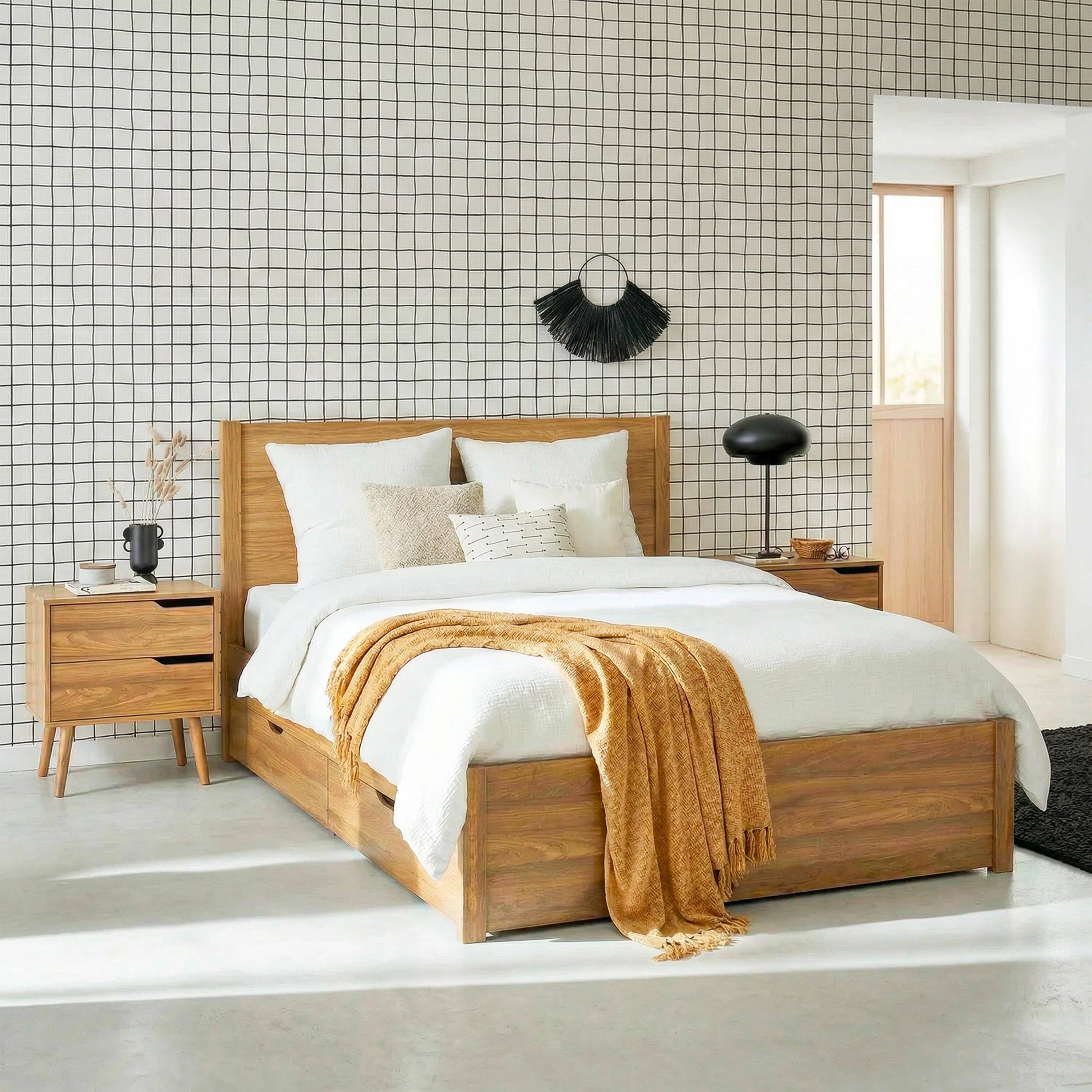 Łóżko z listwowym stelażem i wezgłowiem 160 x 200 cm + 4 szuflady w kolorze naturalnego drewna - Nepal,sweeek,Photo1