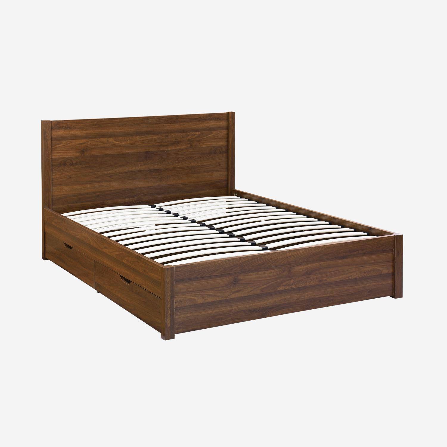 Cama con somier de láminas y cabecero, 160cm + 4 cajones decorativos de madera, Nepal, Nogal, 211x166.2x100 cm,sweeek,Photo3