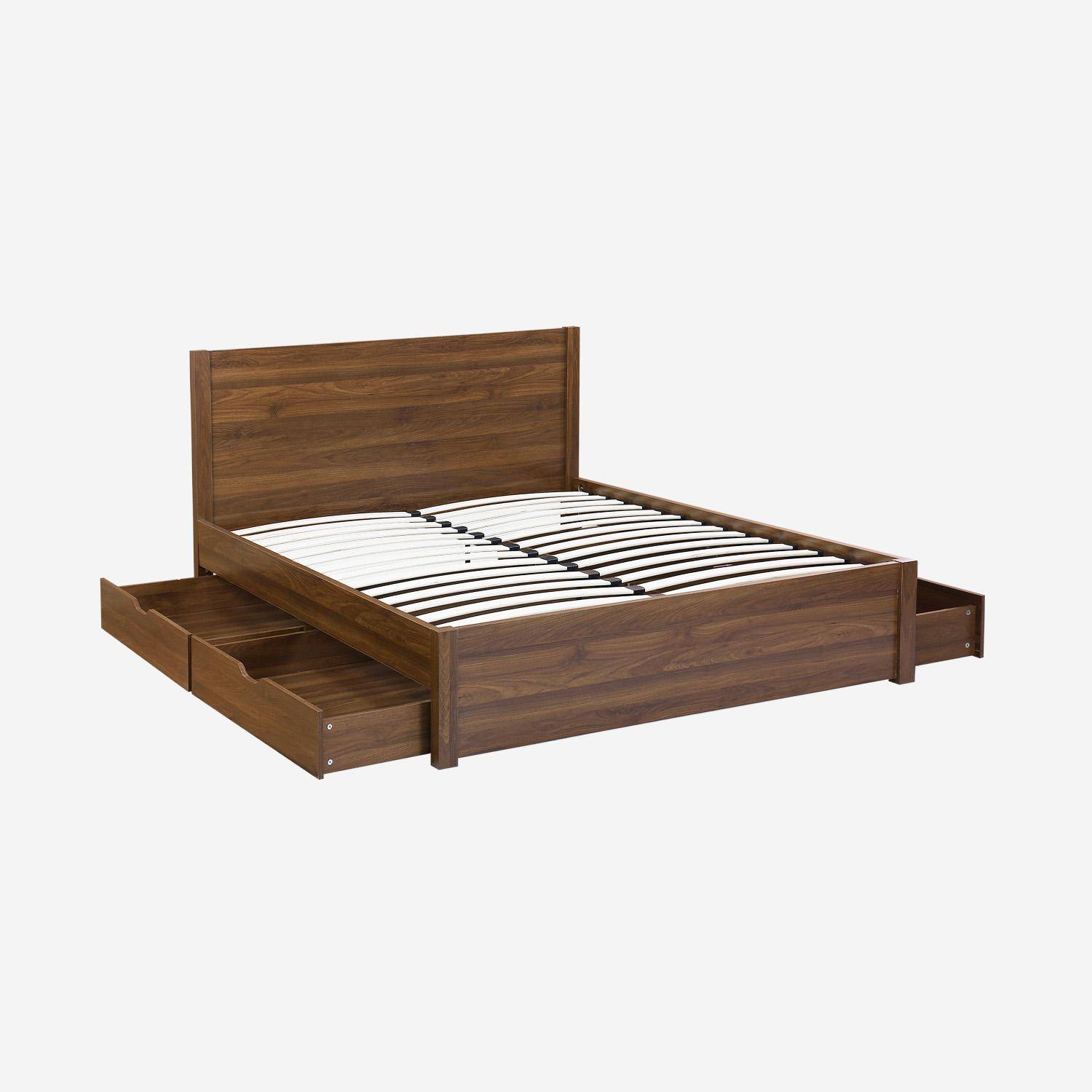 Cama con somier de láminas y cabecero, 160cm + 4 cajones decorativos de madera, Nepal, Nogal, 211x166.2x100 cm,sweeek,Photo4