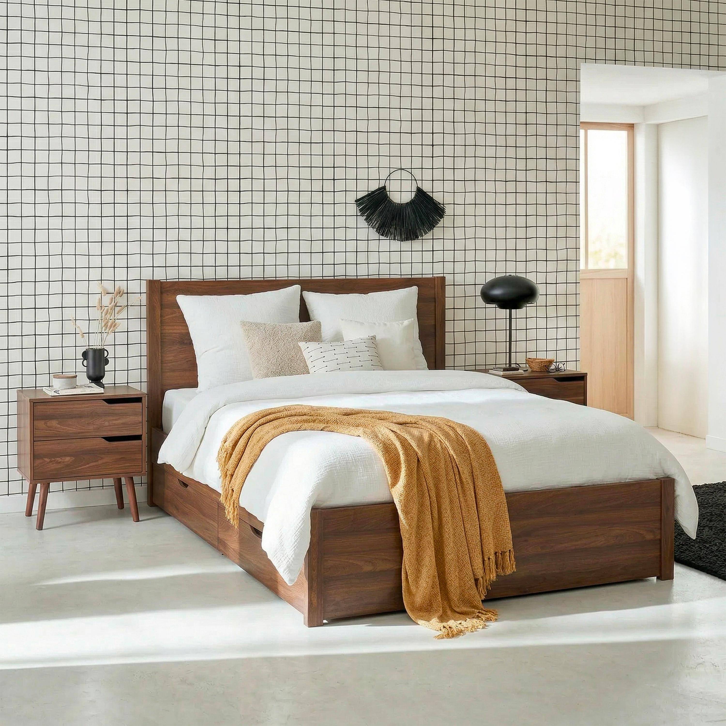 Cama con somier de láminas y cabecero, 160x200cm + 4 cajones decorativos de madera Nogal - 211x166.2x100 cm Photo1