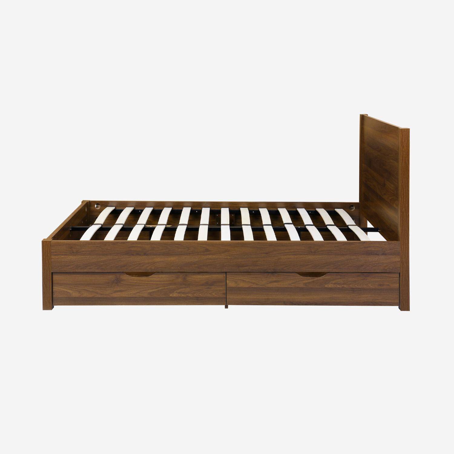 Cama con somier de láminas y cabecero, 160cm + 4 cajones decorativos de madera, Nepal, Nogal, 211x166.2x100 cm,sweeek,Photo5