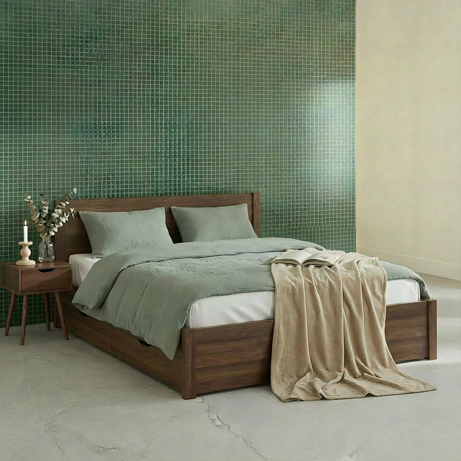 Cama con somier de láminas y cabecero, 160cm + 4 cajones decorativos de madera, Nepal, Nogal, 211x166.2x100 cm,sweeek,Photo1