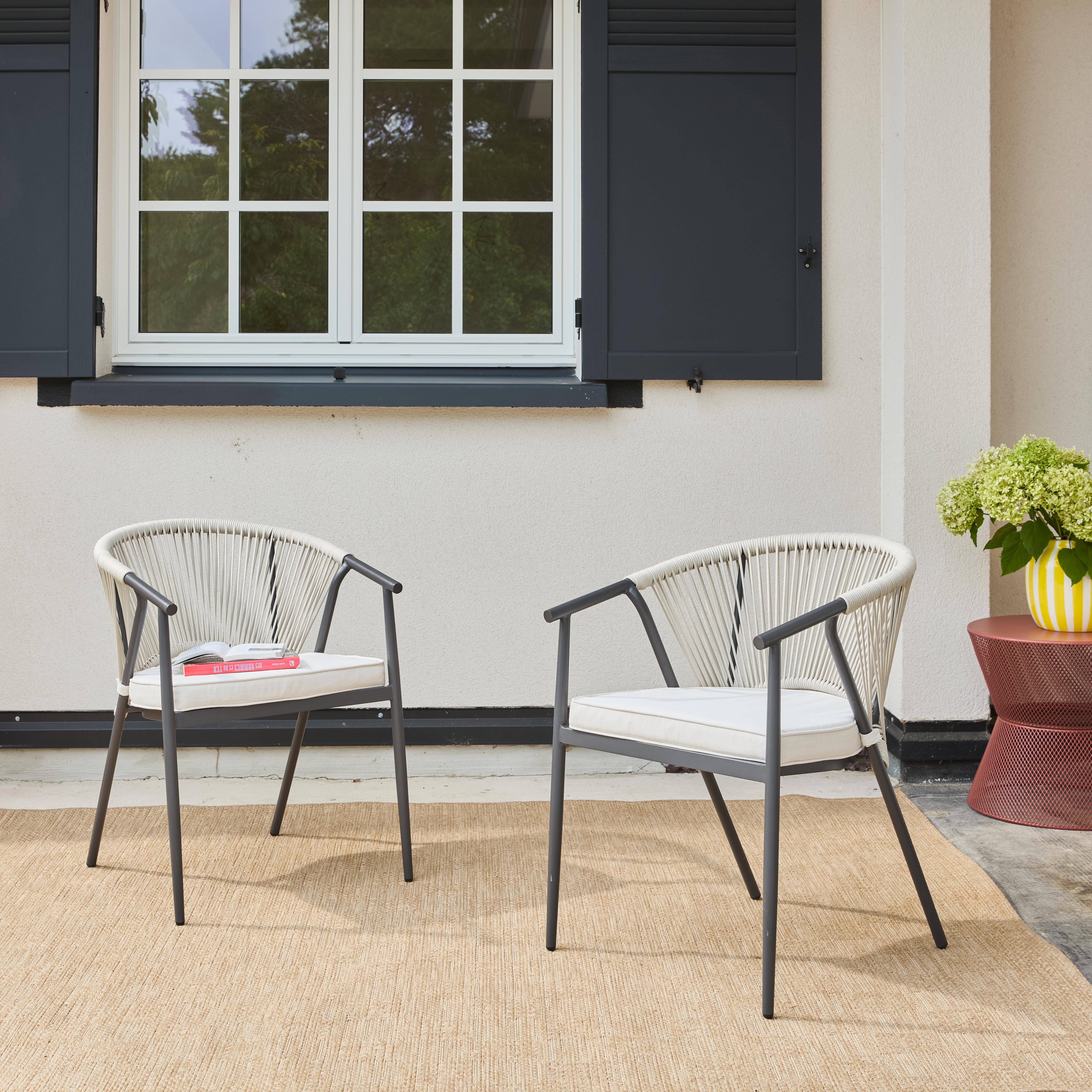 Conjunto de 2 cadeiras de jardim empilhável em aço e corda Bege - 56.5x58x77 cm Photo1