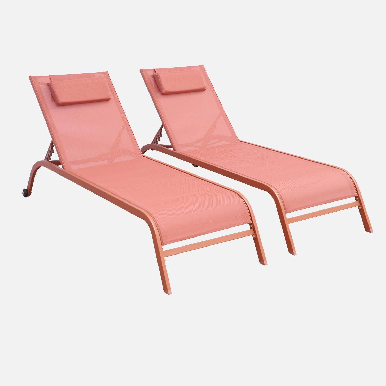 Lot de 2 bains de soleil acier terracotta multi positions avec coussin et roulettes - Ona,sweeek,Photo1