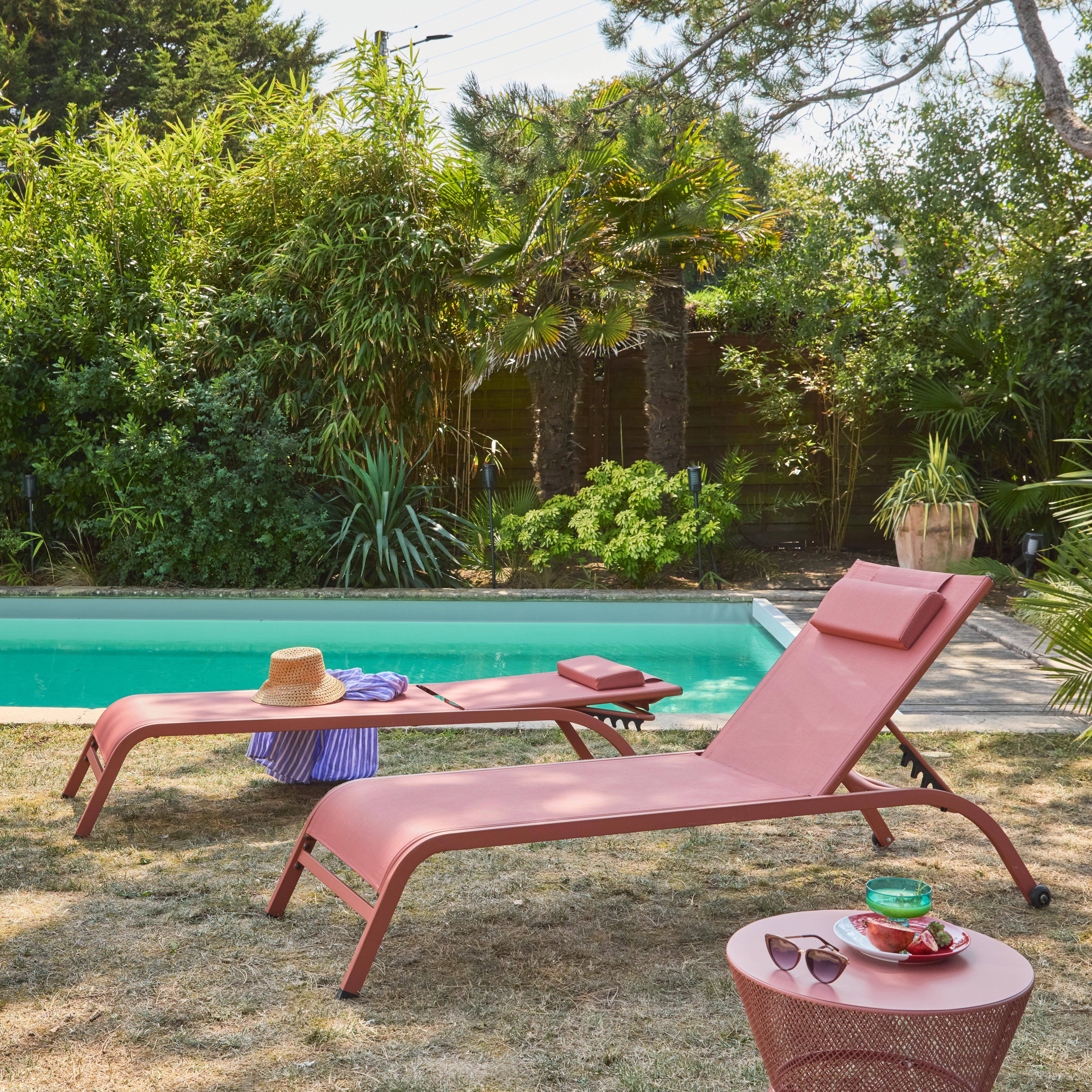 Espreguiçadeira de aço multi posições com almofada e rodas, set de 2, Ona, Terracota, 198x62x34 cm Photo1