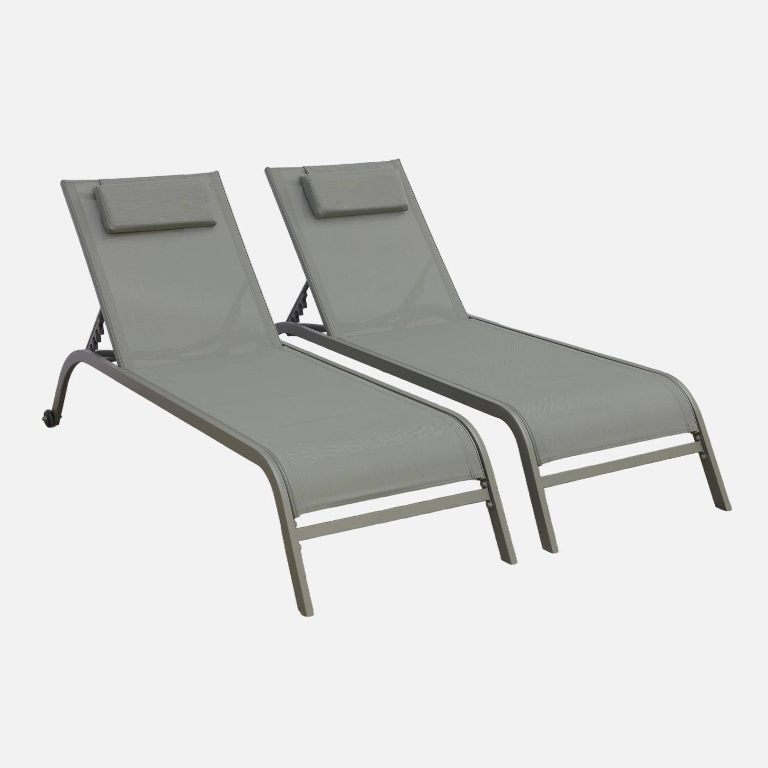 Lot de 2 bains de soleil acier kaki multi positions avec coussin et roulettes - Ona Photo1