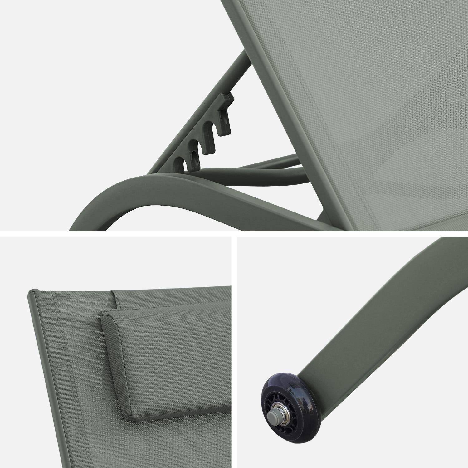 Lot de 2 bains de soleil acier kaki multi positions avec coussin et roulettes - Ona Photo5