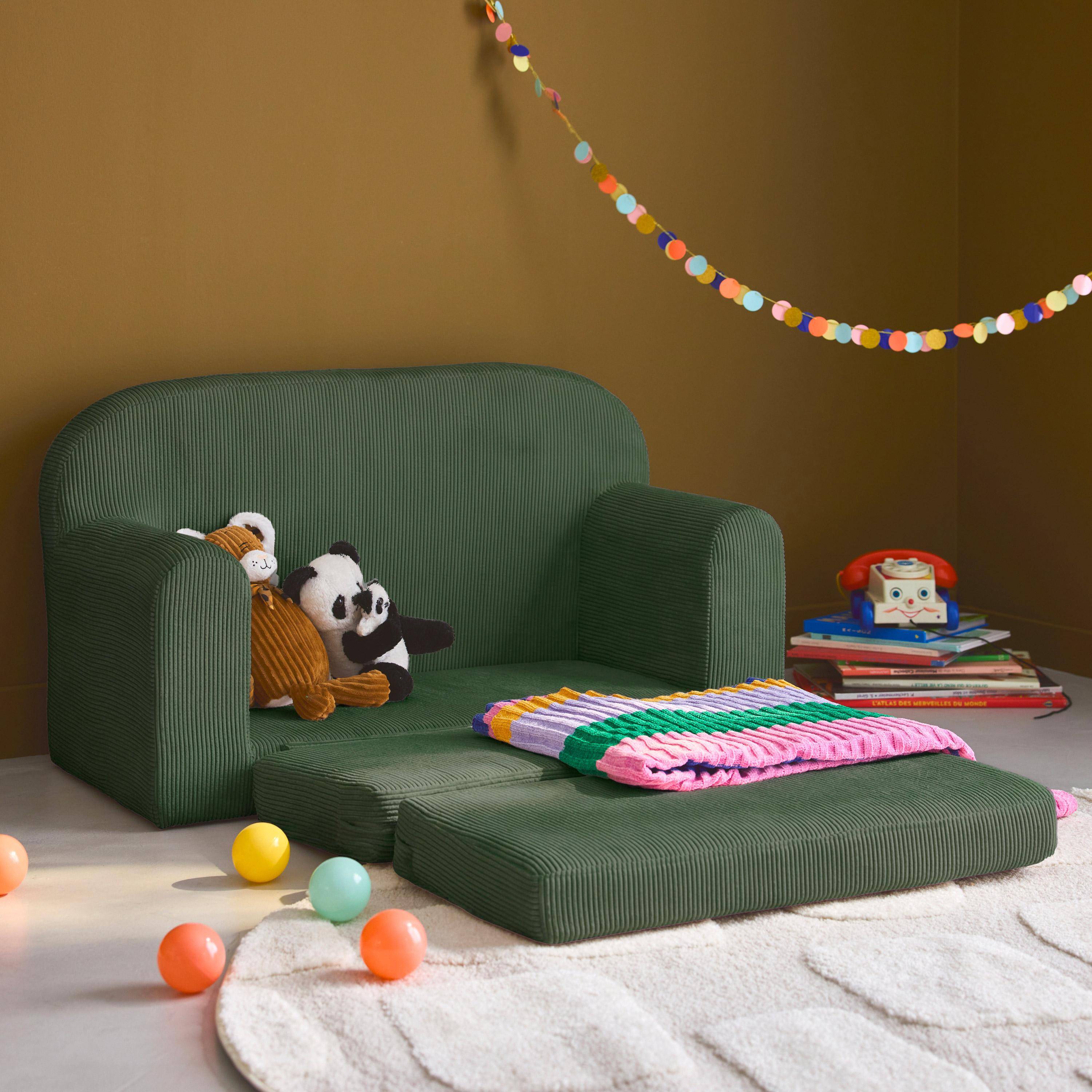 Canapé lit enfant en velours côtelé dépliable, couleur kaki, L 90 x P 43 x H 51,5 cm Photo2