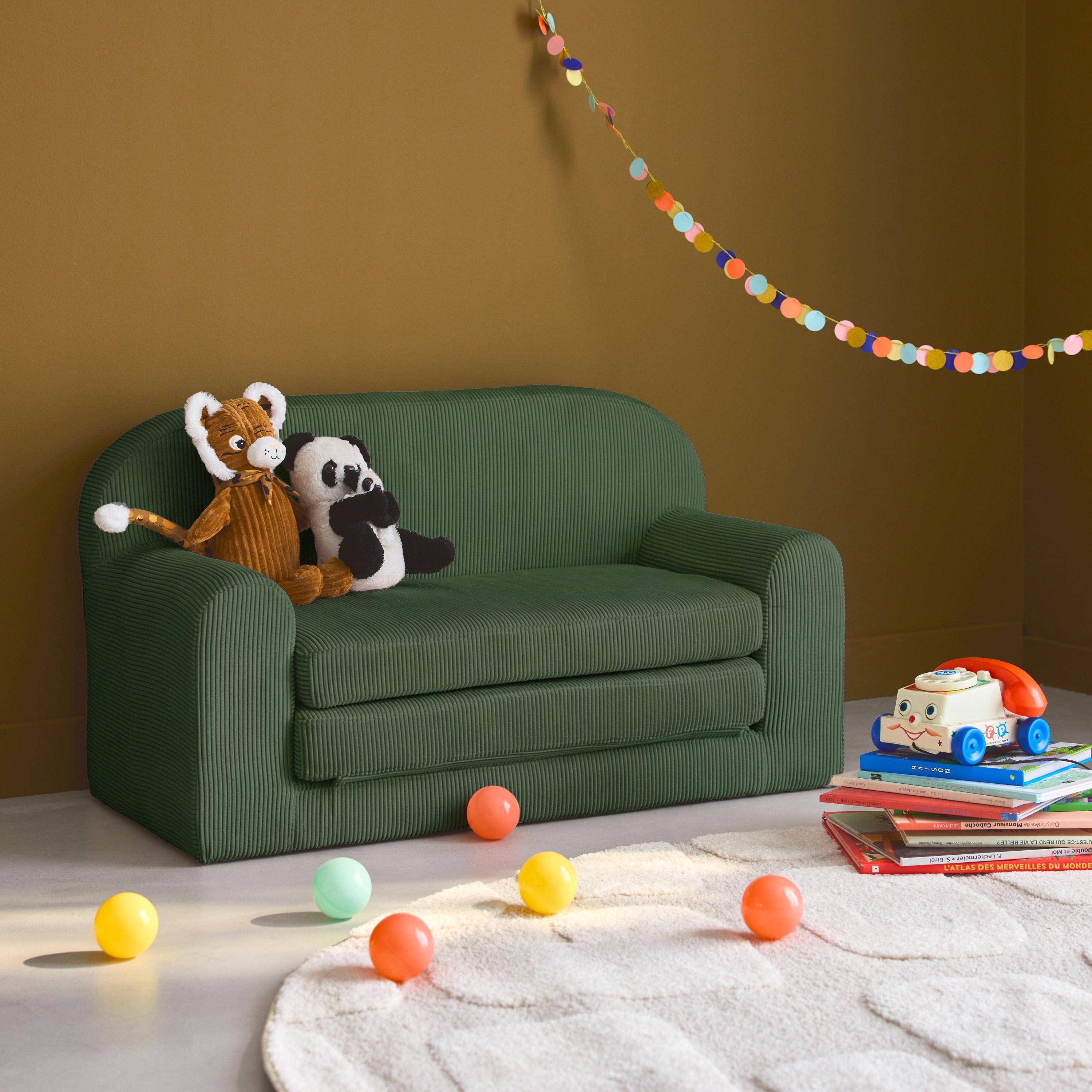 Canapé lit enfant en velours côtelé dépliable, couleur kaki, L 90 x P 43 x H 51,5 cm,sweeek,Photo1