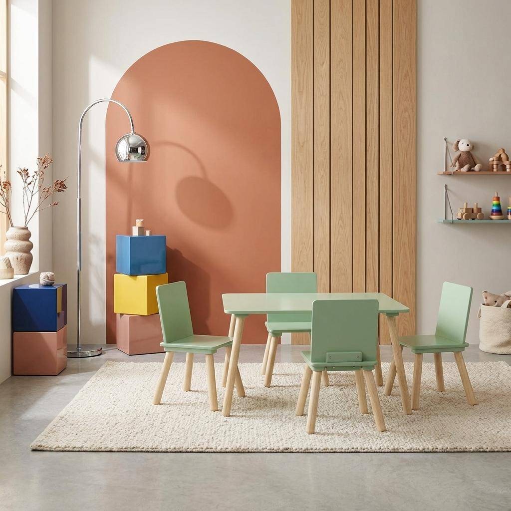 Rectangular children's table 4 chairs pine legs green - Judith Photo1