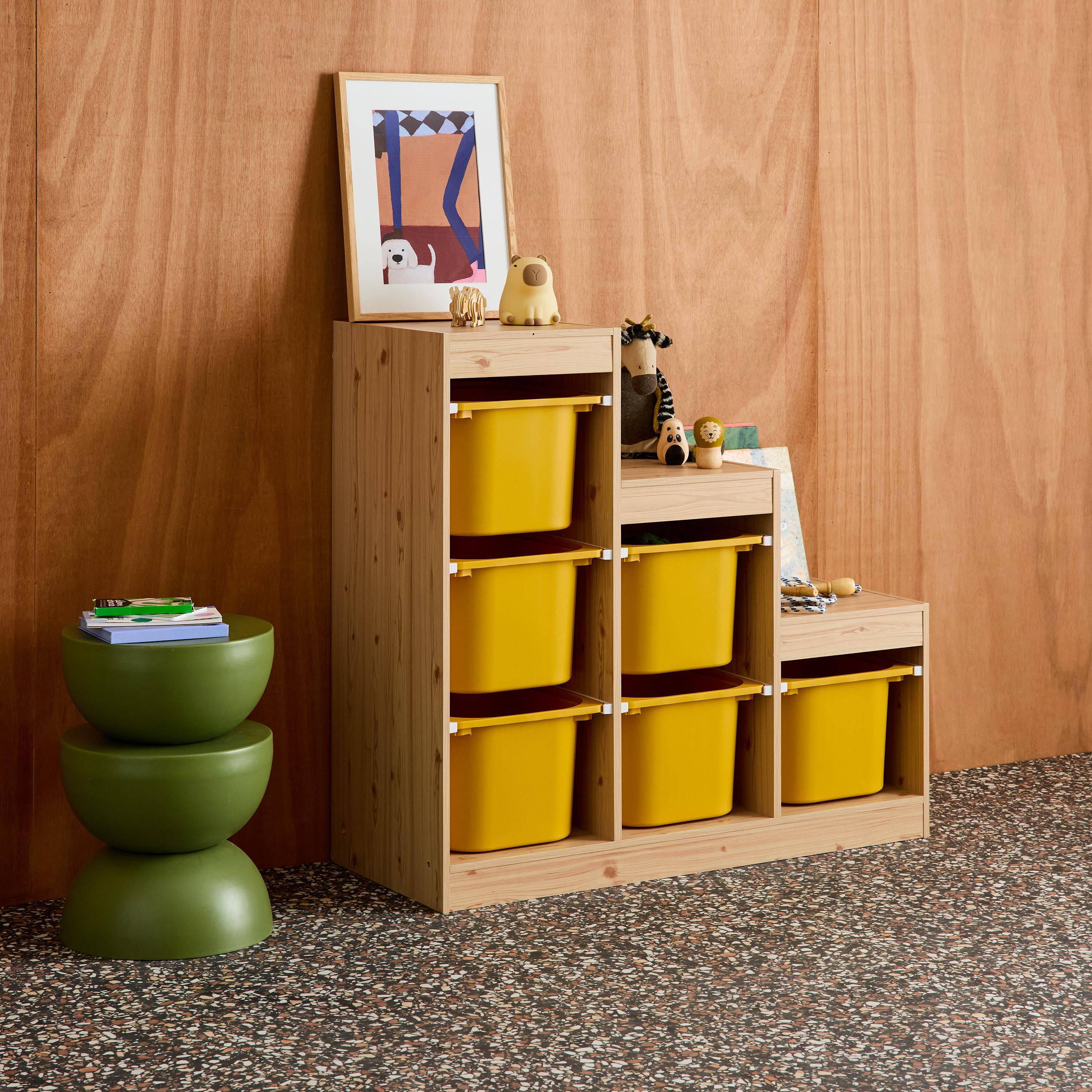 Children's storage unit staircase 6 storage bins natural wood decor and mustard yellow - Sora Photo2