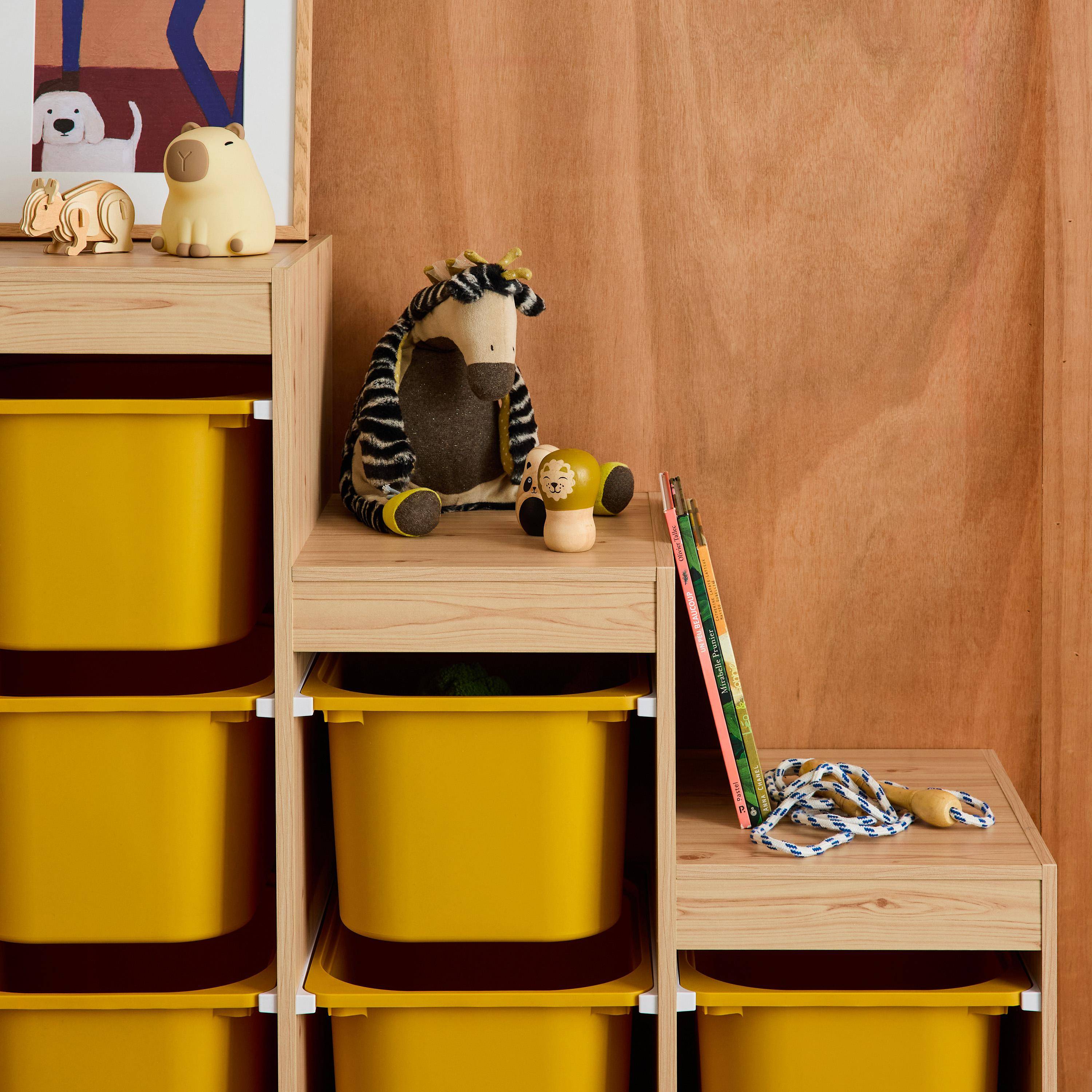 Children's storage unit staircase 6 storage bins natural wood decor and mustard yellow - Sora Photo3