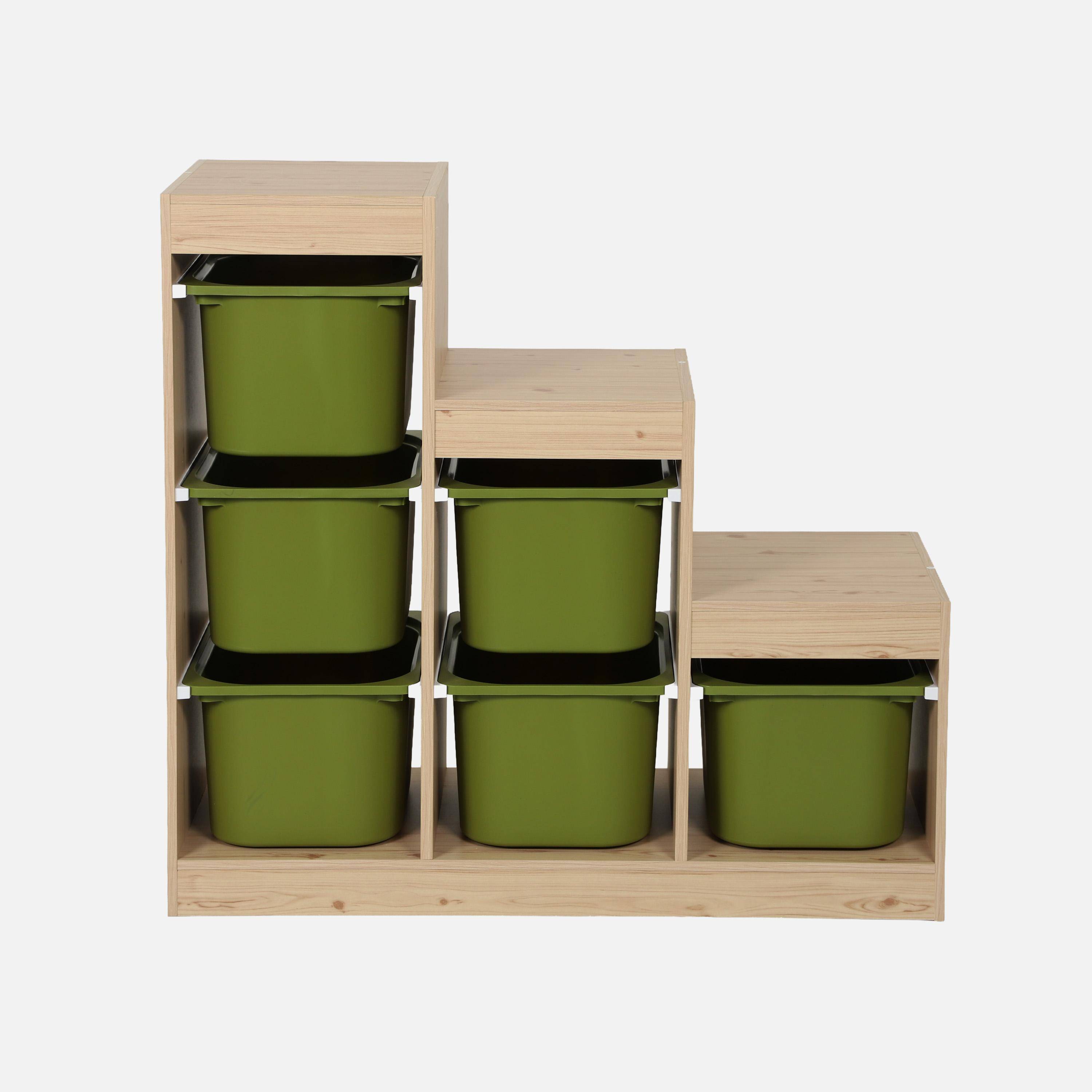 Meuble de rangement enfant escalier 6 bacs de rangement décor bois naturel et kaki - Sora Photo3