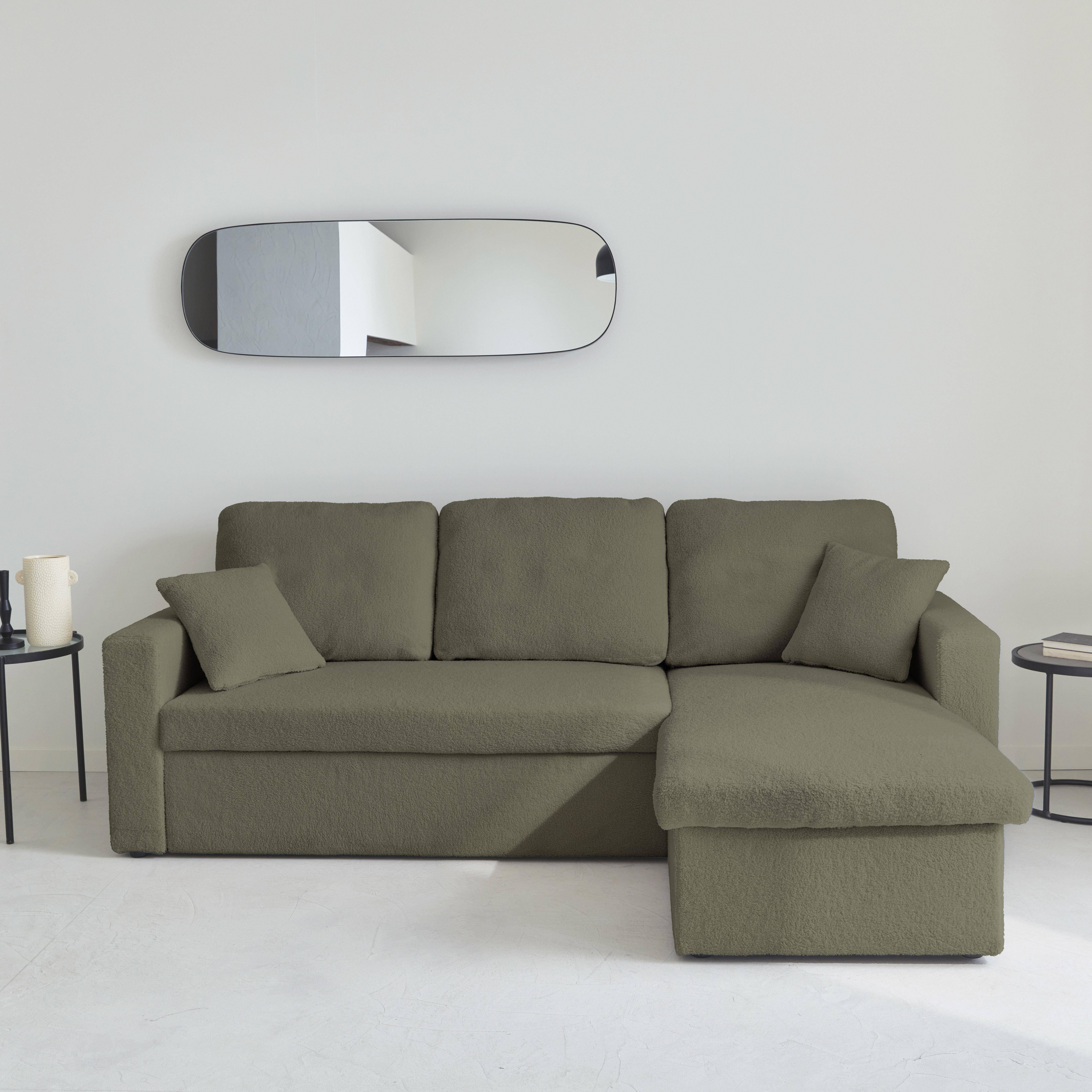 Sofá cama esquinero convertible en borreguito de 3 plazas, Ida borreguito, Verde kaki, 219x84x68 cm,sweeek,Photo2