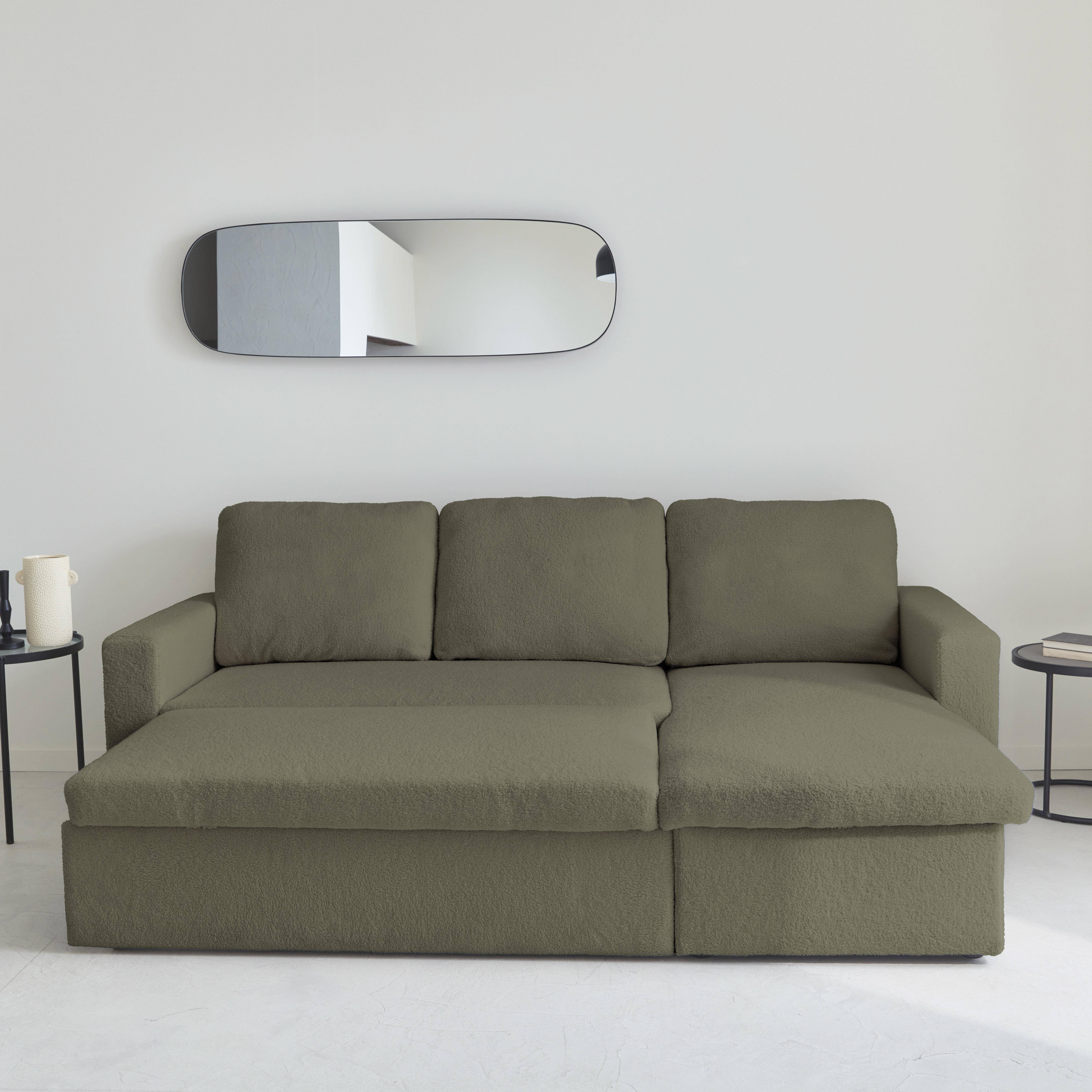 Sofá cama esquinero convertible en borreguito de 3 plazas, Ida borreguito, Verde kaki, 219x84x68 cm,sweeek,Photo3