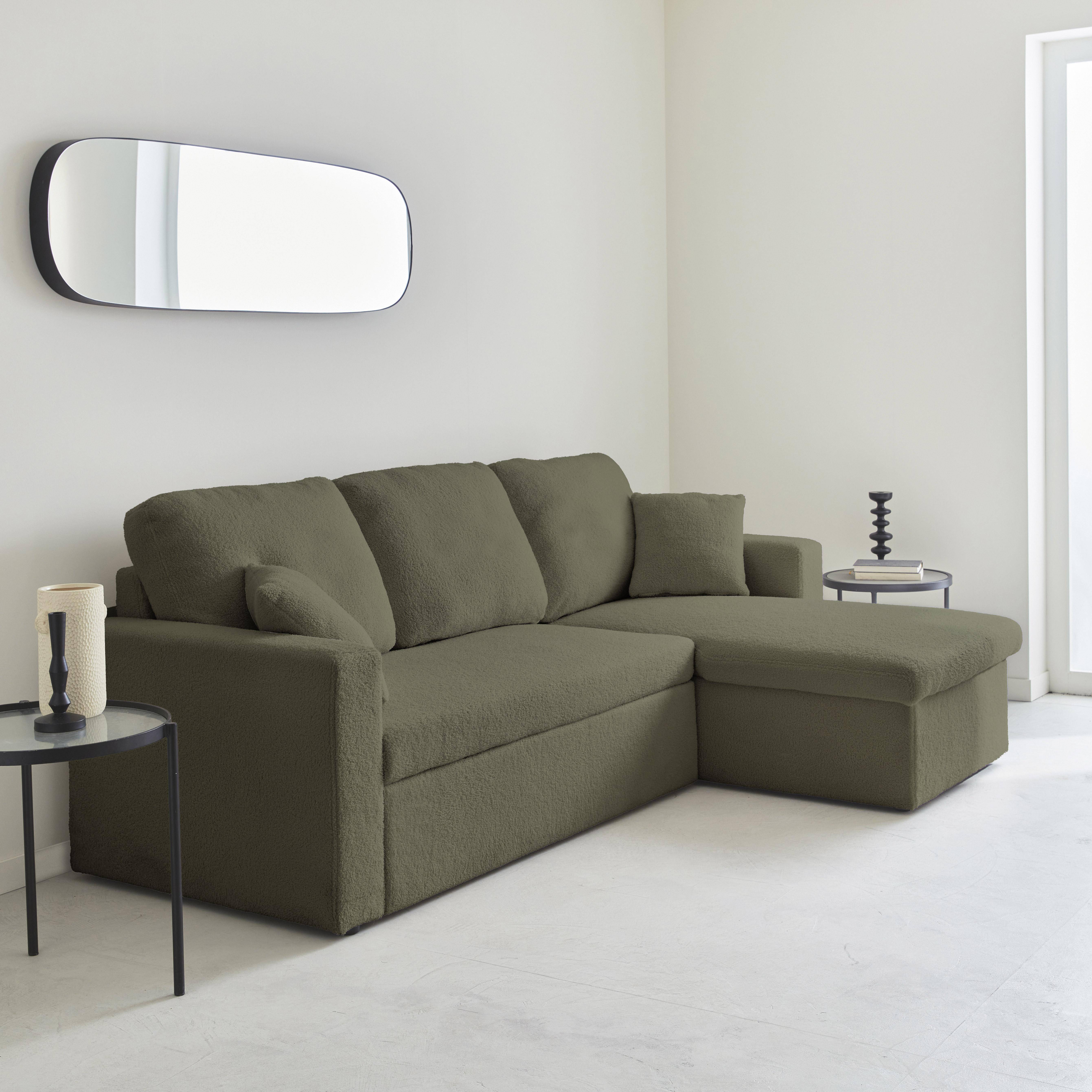 Sofá cama esquinero convertible en borreguito de 3 plazas, Ida borreguito, Verde kaki, 219x84x68 cm Photo1