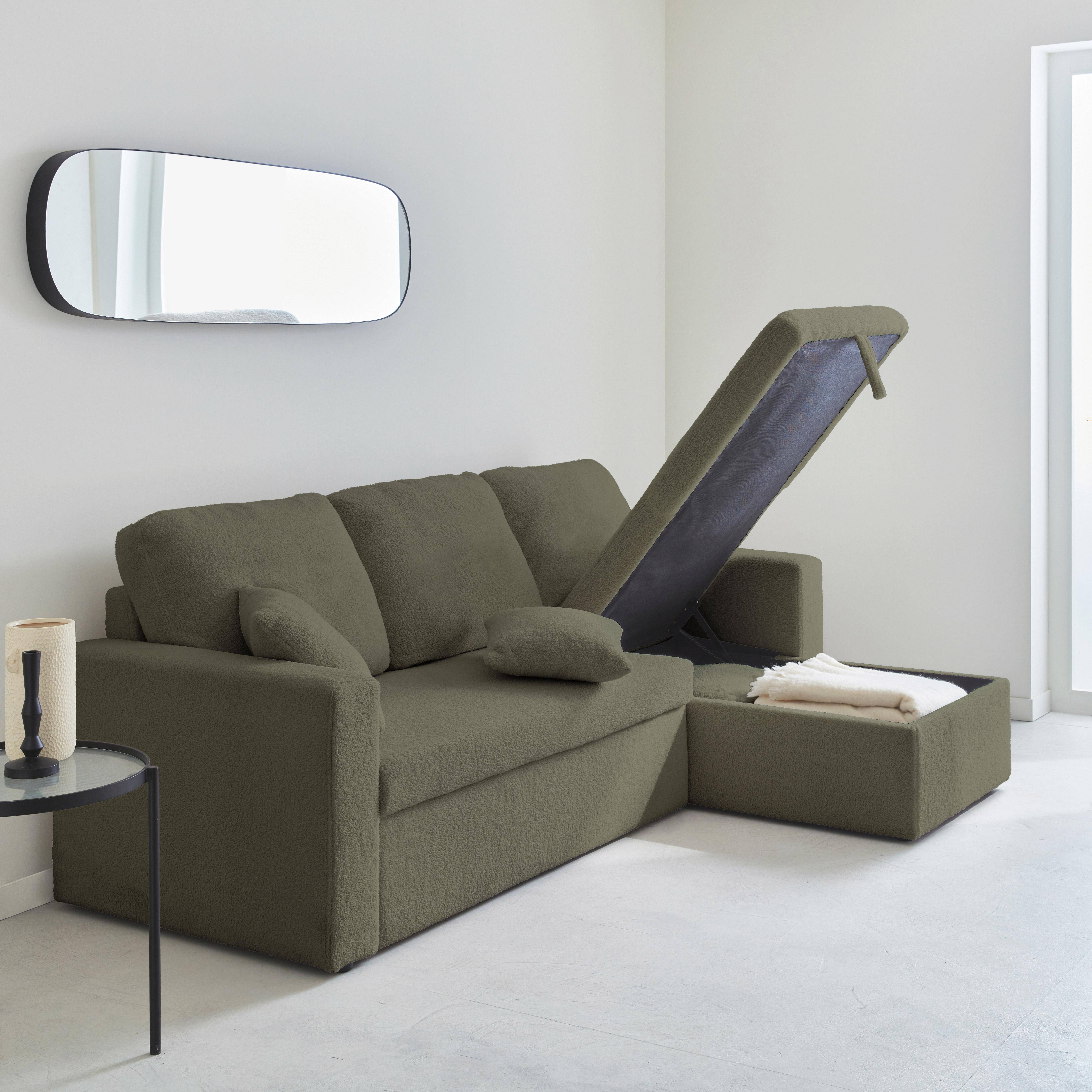 Sofá cama esquinero convertible en borreguito de 3 plazas, Ida borreguito, Verde kaki, 219x84x68 cm Photo4