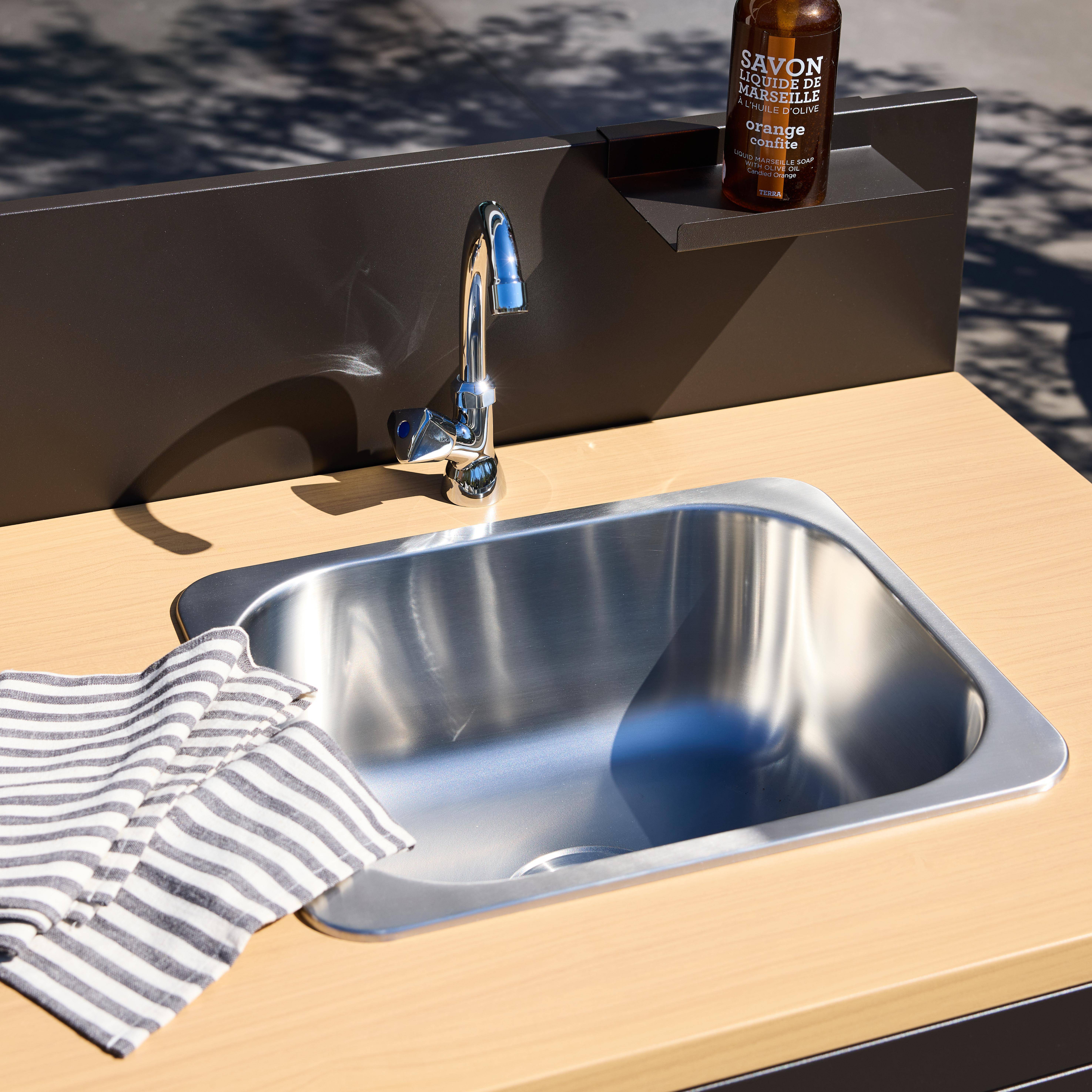 Outdoor kitchen steel and wood decor 1 sink 2 doors 1 hook L80cm black - Milos Photo3