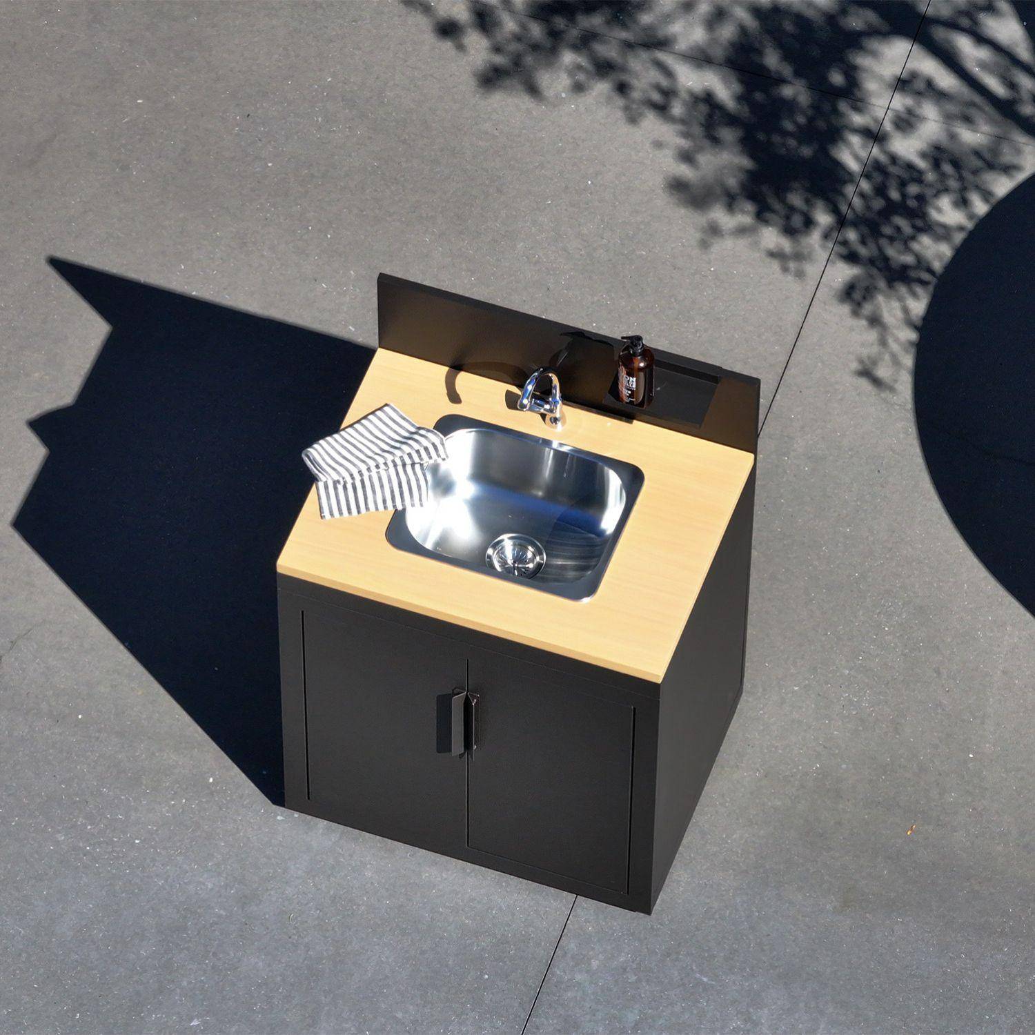Cucina esterna in acciaio e decorazione in legno 1 lavello 2 porte 1 gancio, 80cm Nero - 80x60x110 cm Photo2
