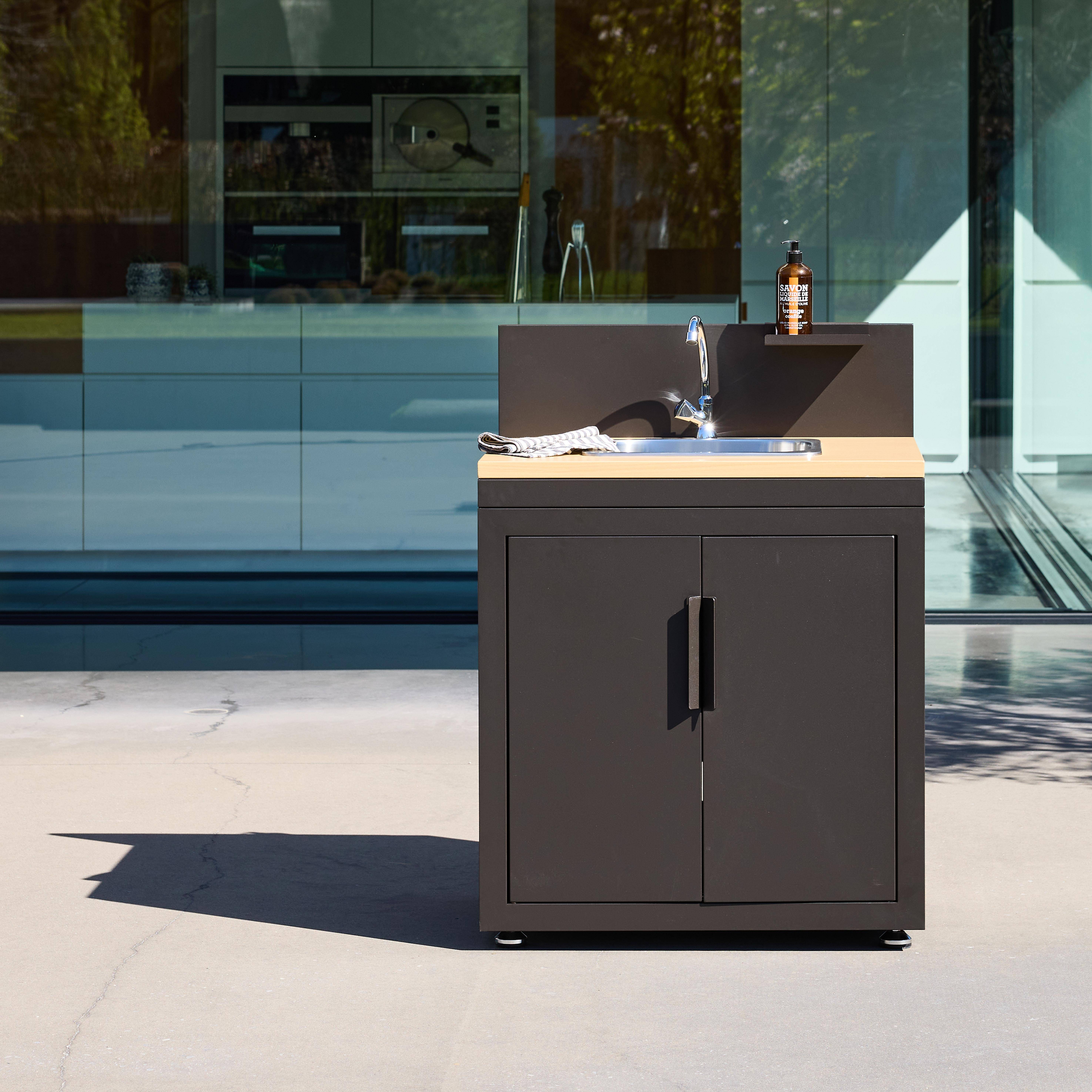 Outdoor kitchen steel and wood decor 1 sink 2 doors 1 hook L80cm black - Milos,sweeek,Photo1