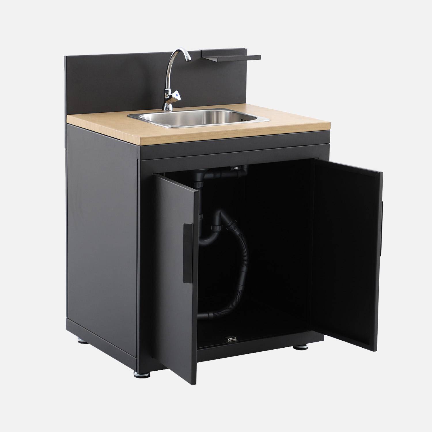 Cucina esterna in acciaio e decorazione in legno 1 lavello 2 porte 1 gancio L80cm Nero - 80x60x110 cm,sweeek,Photo2