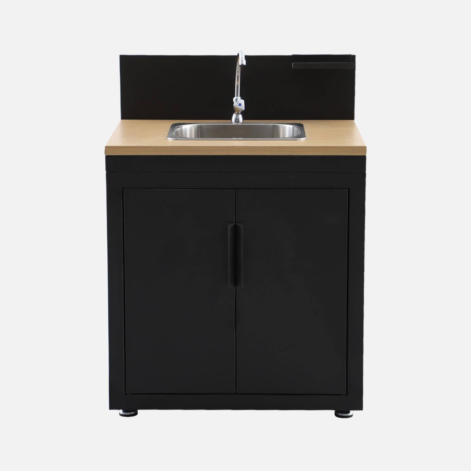 Cucina esterna in acciaio e decorazione in legno 1 lavello 2 porte 1 gancio L80cm Nero - 80x60x110 cm Photo3