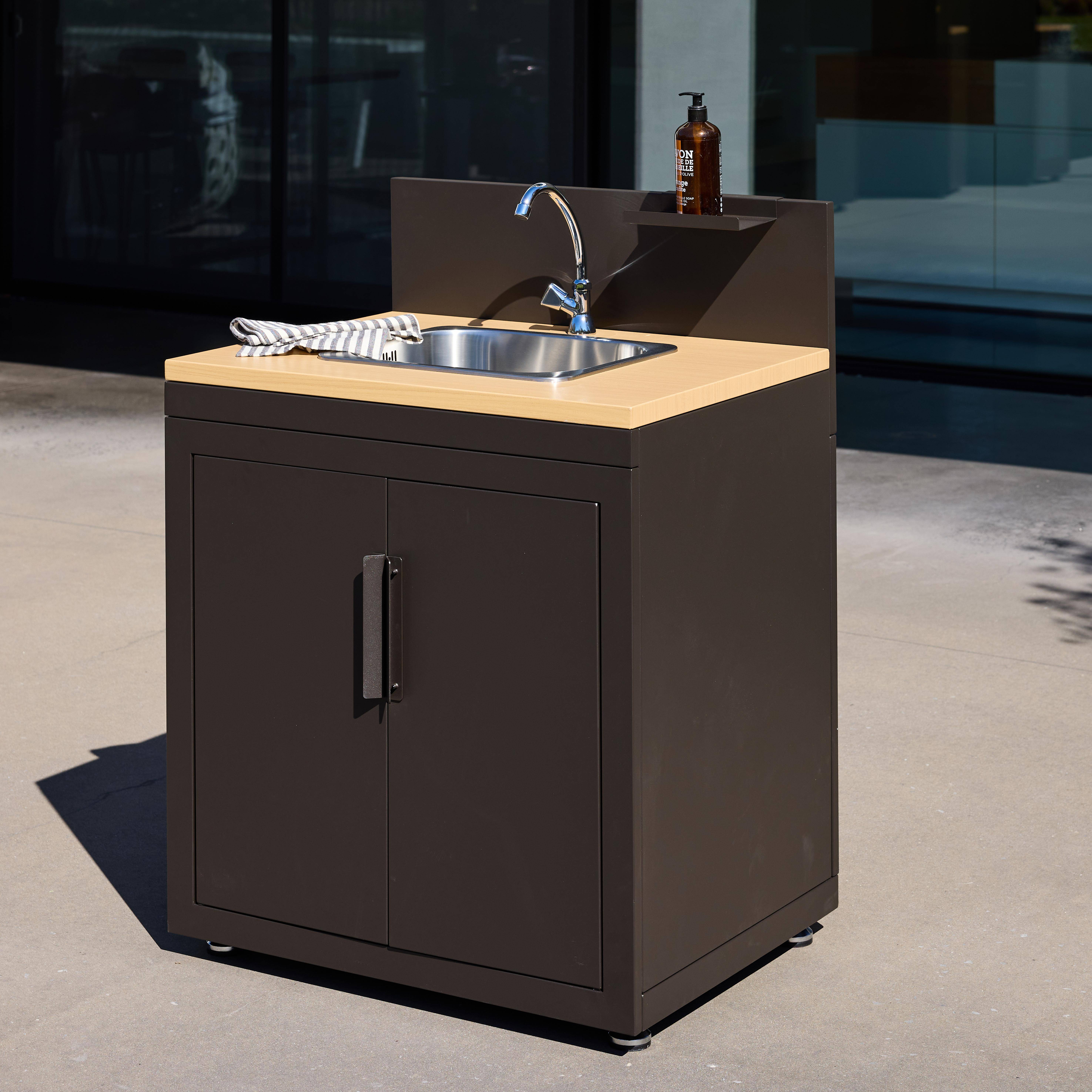 Cucina esterna in acciaio e decorazione in legno 1 lavello 2 porte 1 gancio, 80cm Nero - 80x60x110 cm,sweeek,Photo3