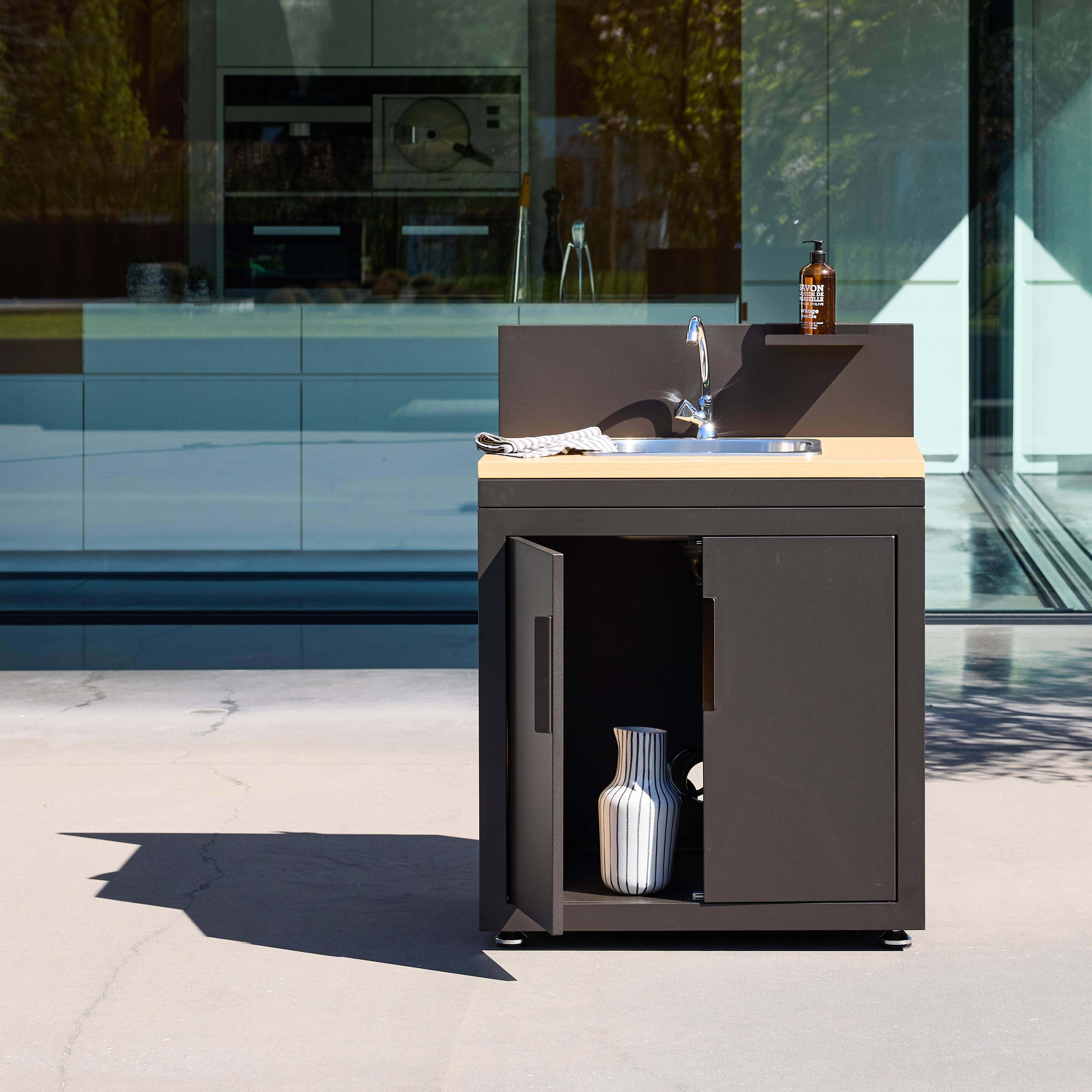 Cucina esterna in acciaio e decorazione in legno 1 lavello 2 porte 1 gancio, 80cm Nero - 80x60x110 cm,sweeek,Photo4