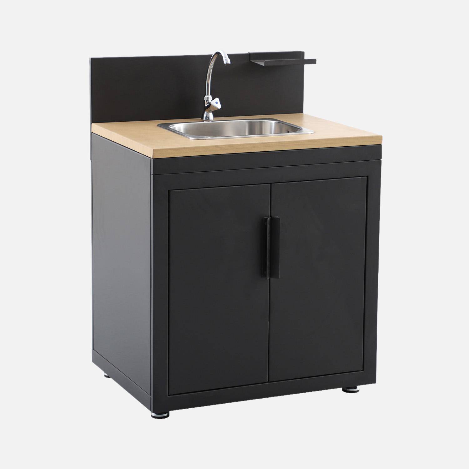 Cucina esterna in acciaio e decorazione in legno 1 lavello 2 porte 1 gancio, 80cm Nero - 80x60x110 cm,sweeek,Photo6