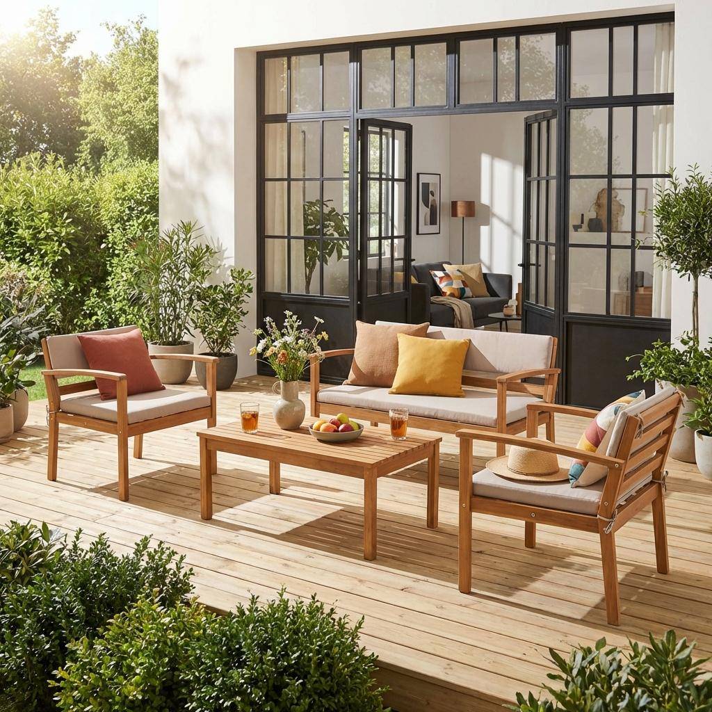 Conjunto de jardín de madera de acacia, 4 plazas Marrón - 115x62x70 cm Photo1