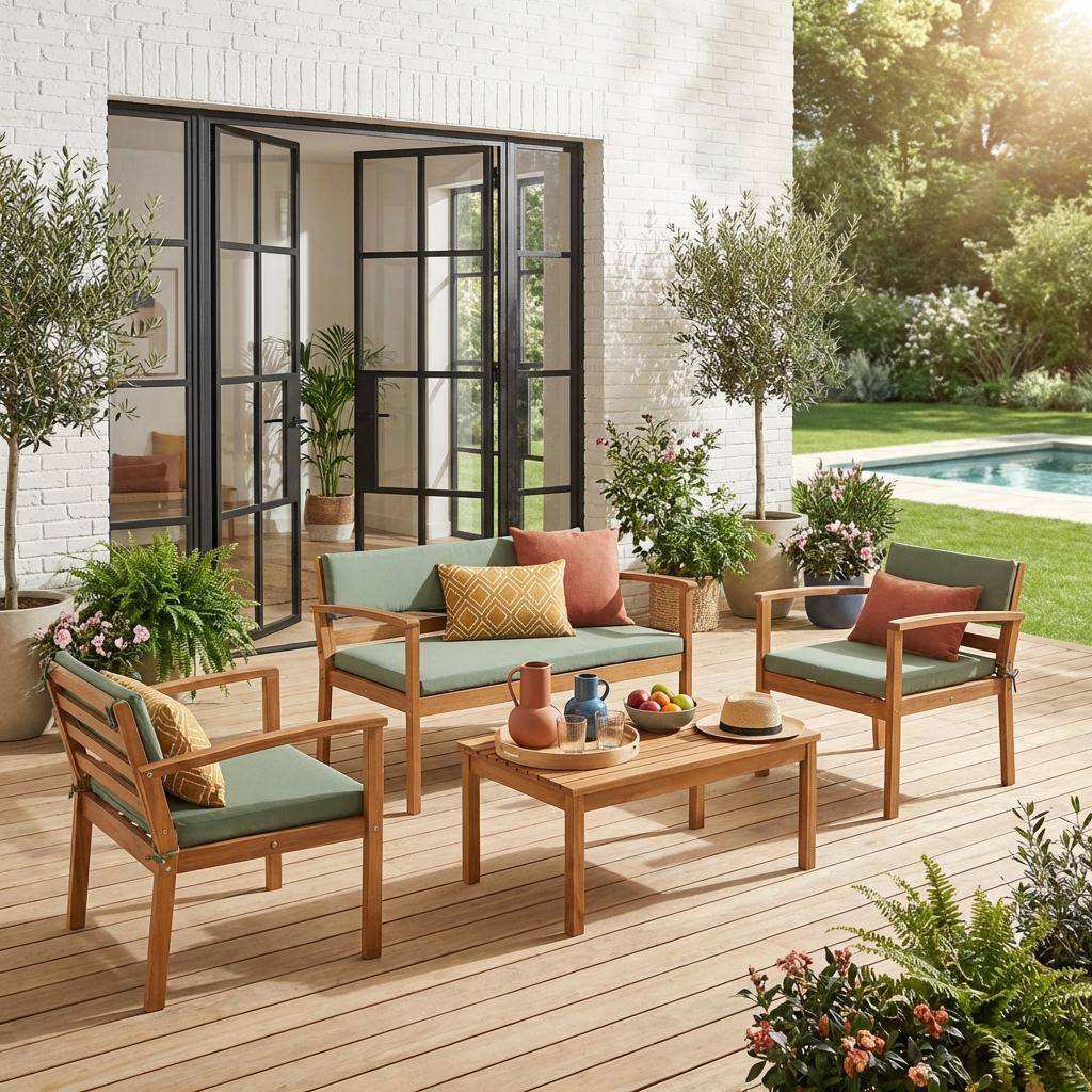 Conjunto de jardín de madera de acacia, 4 plazas Verde kaki - 115x62x70 cm,sweeek,Photo1