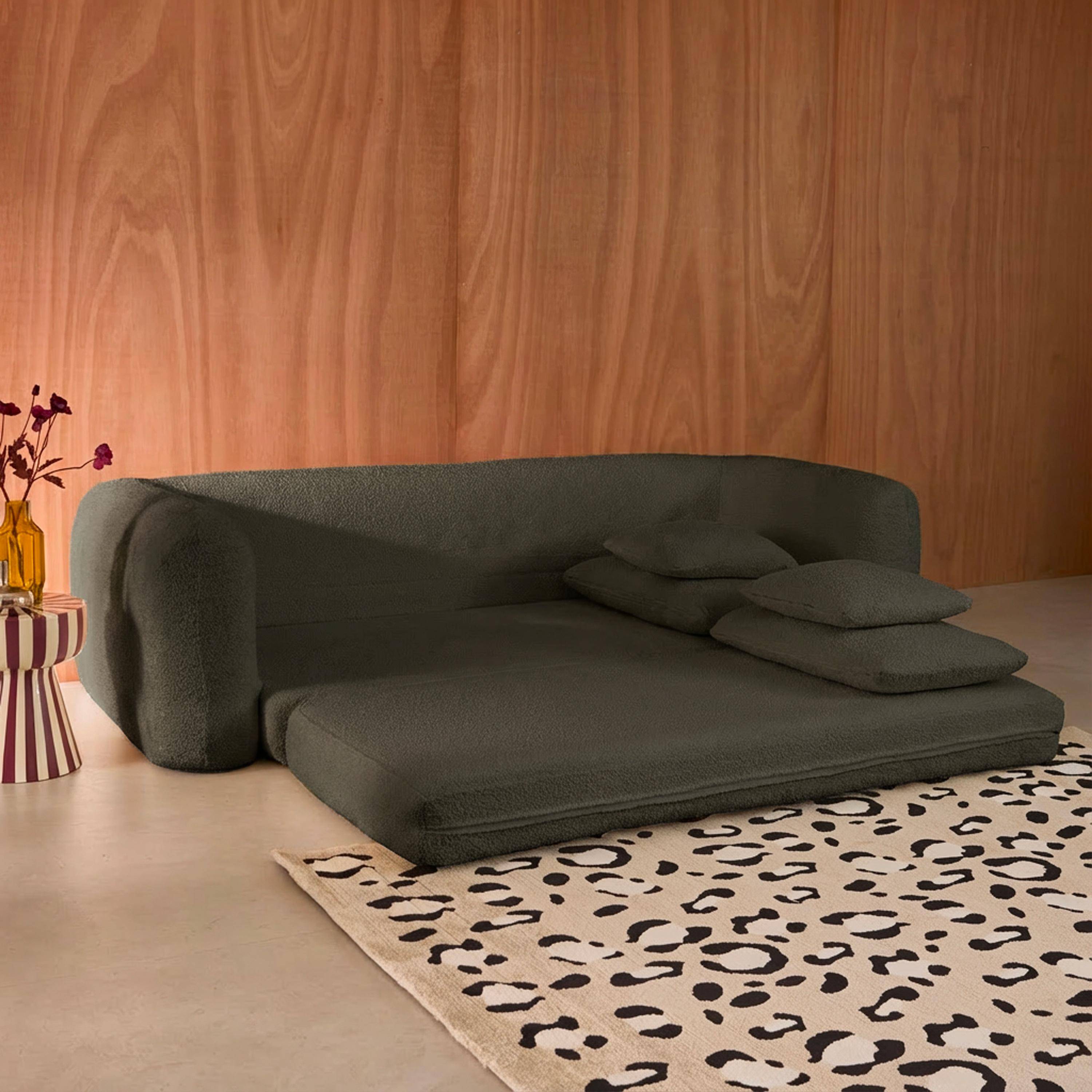 3-zits slaapbank met gestructureerde bouclé kaki 243x112x66 cm - Sweeetch,sweeek,Photo3