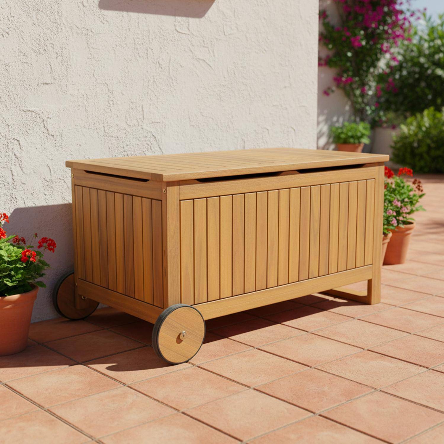 Cassapanca da giardino in legno di acacia con ruote, 119L Teck - 92x49.5x50 cm,sweeek,Photo1