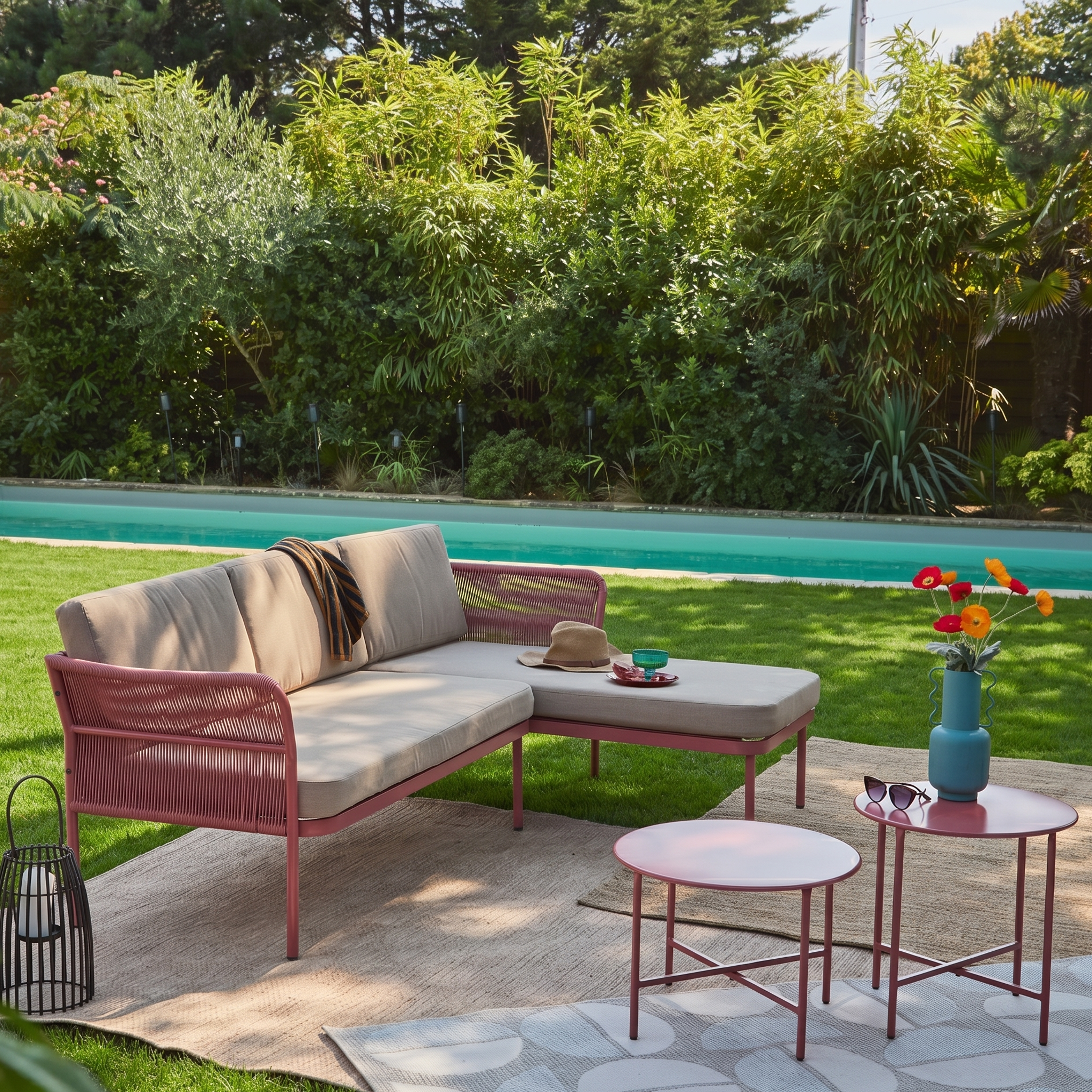 Conjunto de jardín de esquina de acero y cuerdas, 4 plazas Beige - 136.5x70x65 cm Photo1