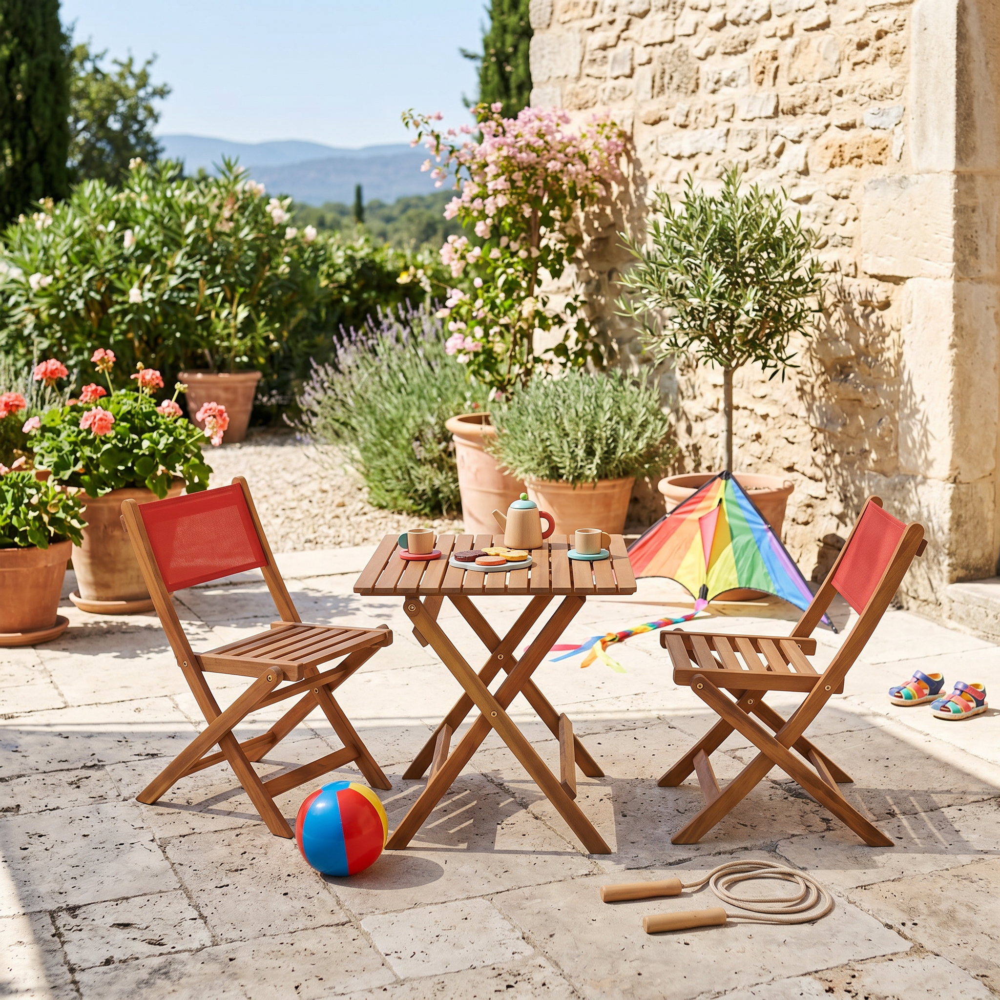 Kinder tuintafel met 2 stoelen van acaciahout bistrostijl terracotta - Elise Photo1
