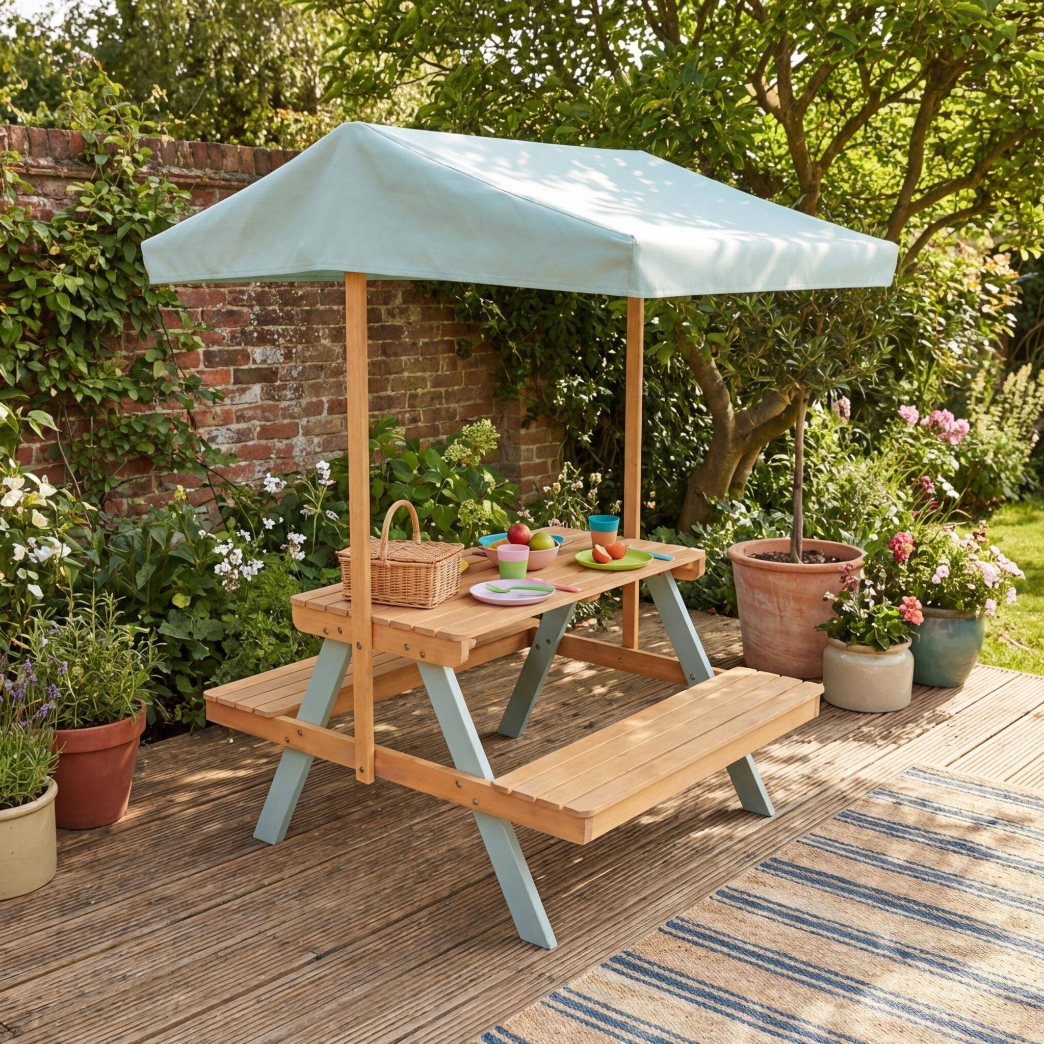 Children's picnic table, garden set in acacia wood 2-seater with parasol sage green - Jade Photo1