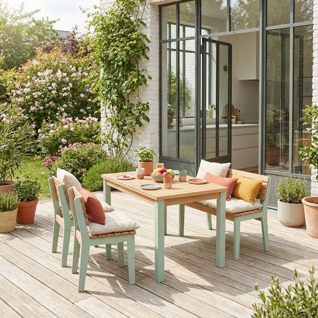 Gartentisch, Bank, 2 Stühle für Kinder aus Akazienholz graugrün - Caroline Photo1