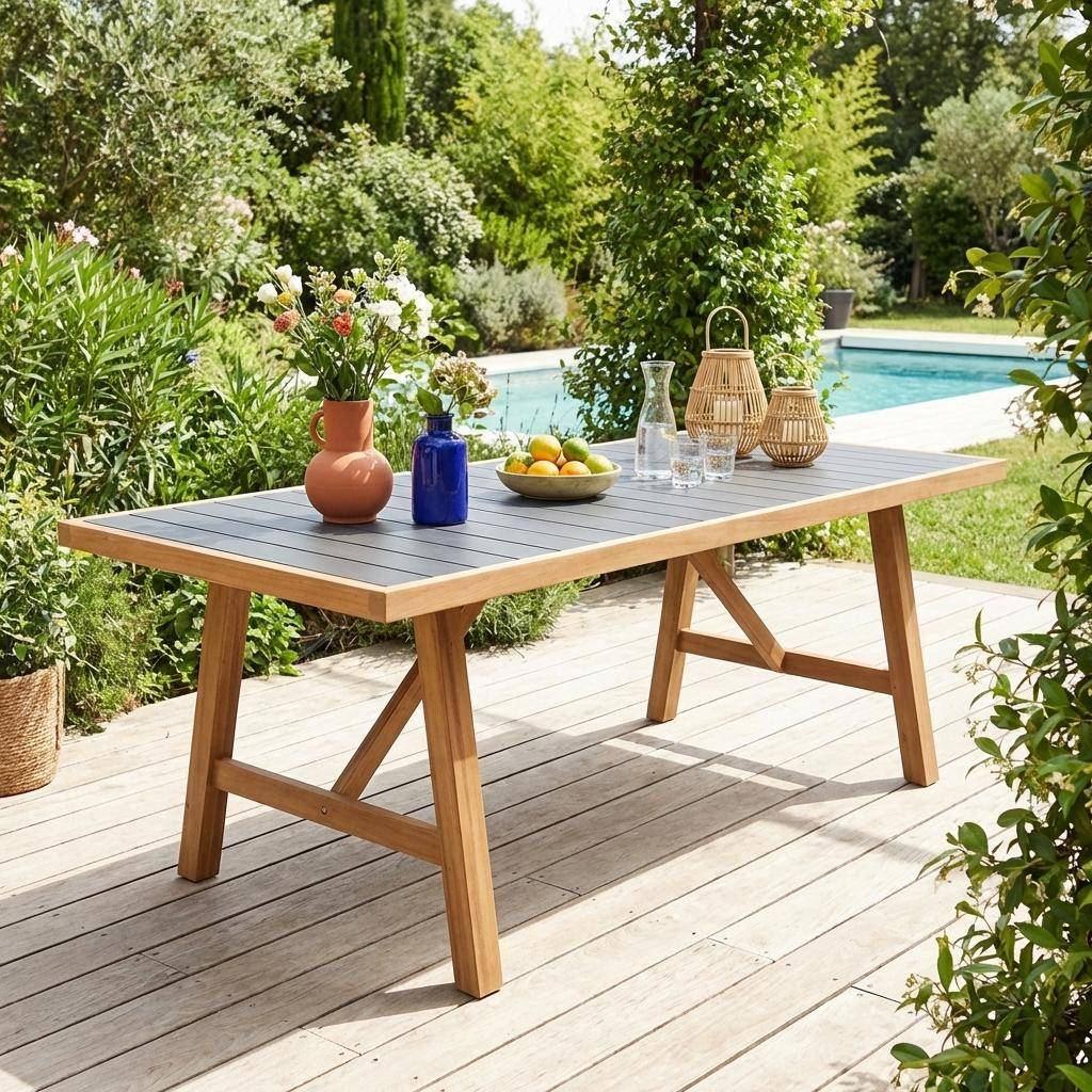 Table de jardin bois d'acacia et aluminium 8 places anthracite - Eldora Photo1