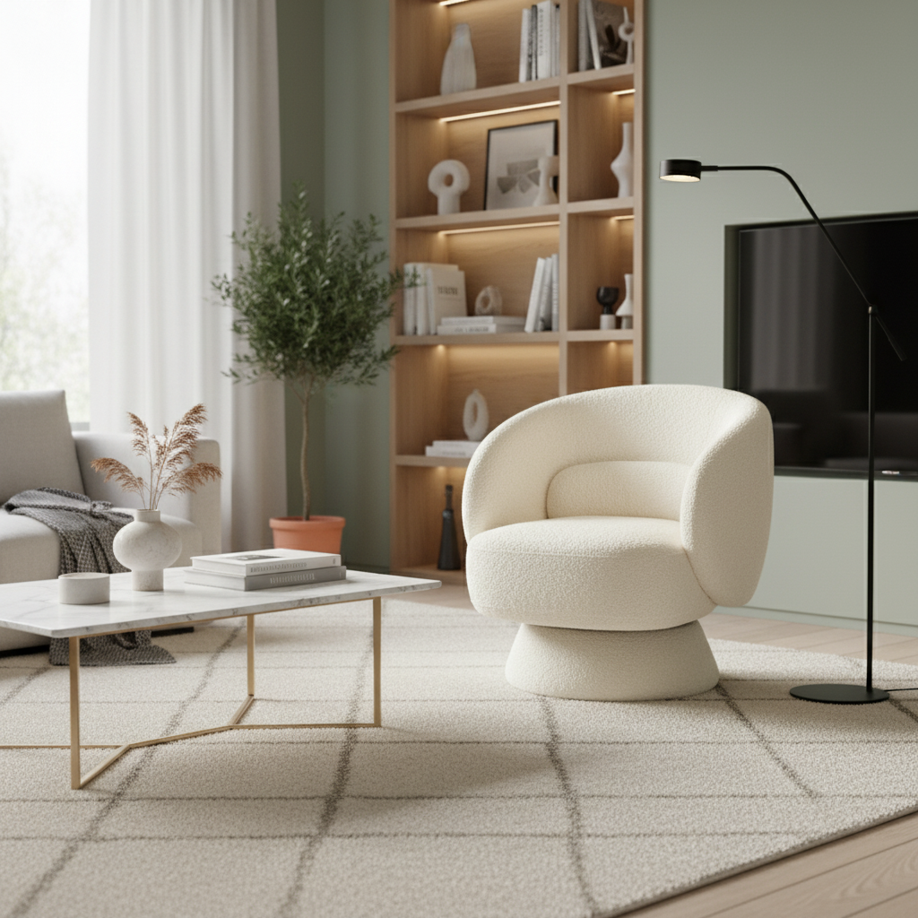 Fauteuil pivotant, rotatif 360° en tissu avec coussin crème - L 76 x P 76 x H 76,5cm - Elias Photo1