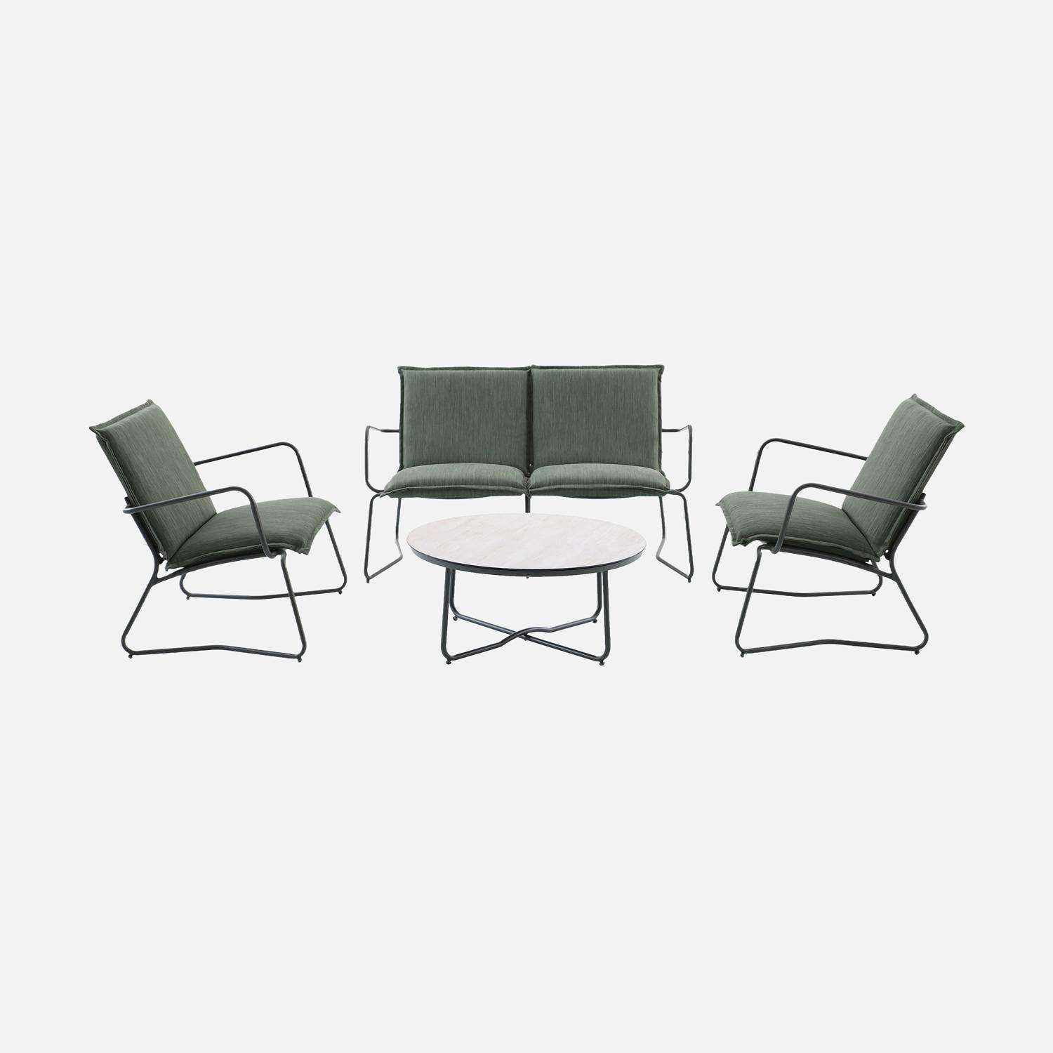 Conjunto de jardín de acero, vidrio y textileno para 4 personas Verde kaki - 71x142.5x78.5 cm,sweeek,Photo2