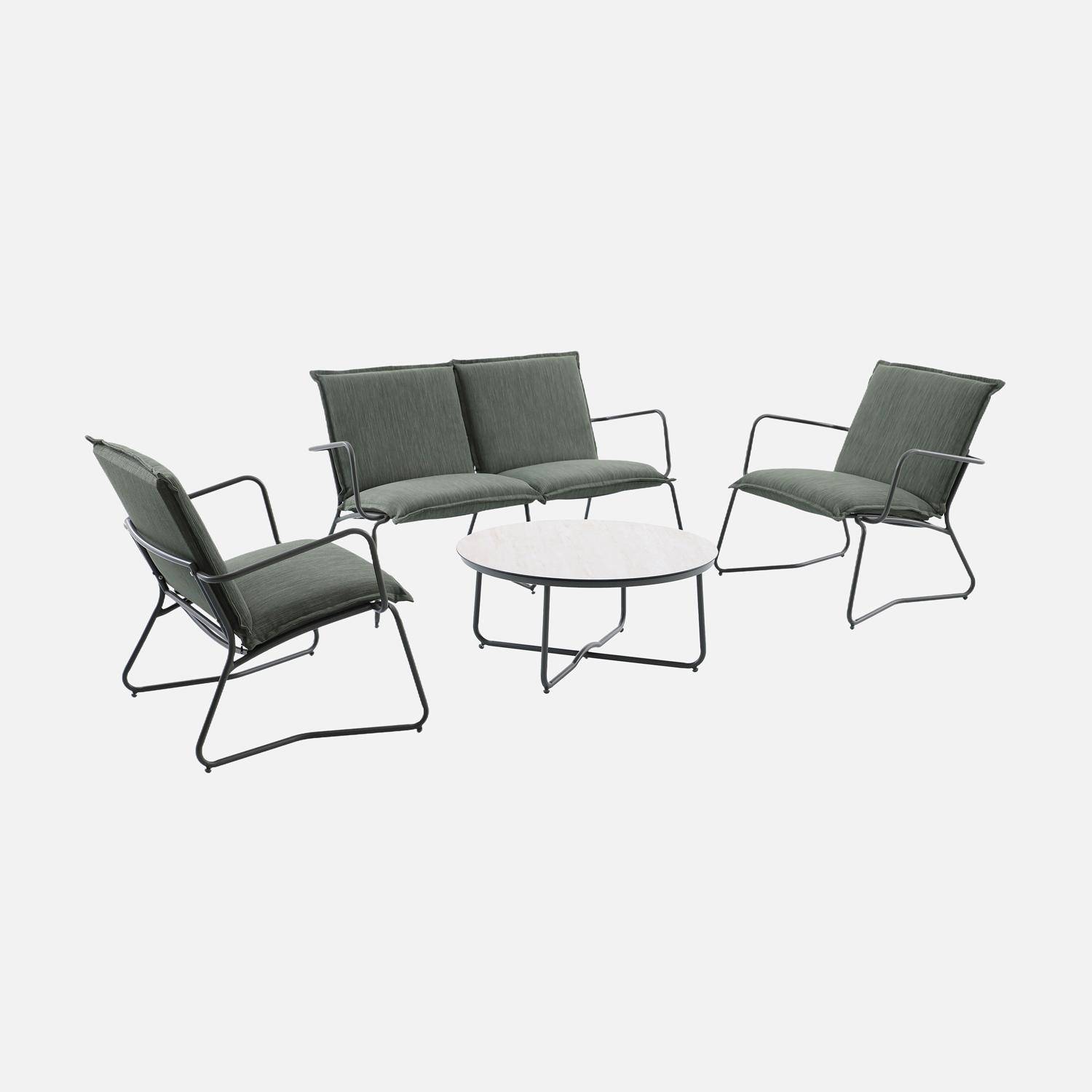 Conjunto de jardín de acero, vidrio y textileno para 4 personas Verde kaki - 71x142.5x78.5 cm,sweeek,Photo1